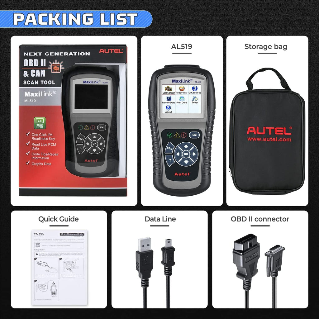 Autel MaxiLink ML519 Enhanced Mode 6 OBD2 Scanner Auto Diagnostic Scan Tool Check Engine Fault Code Reader CAN Scan Tool, Upgraded Ver. of AL319 Black