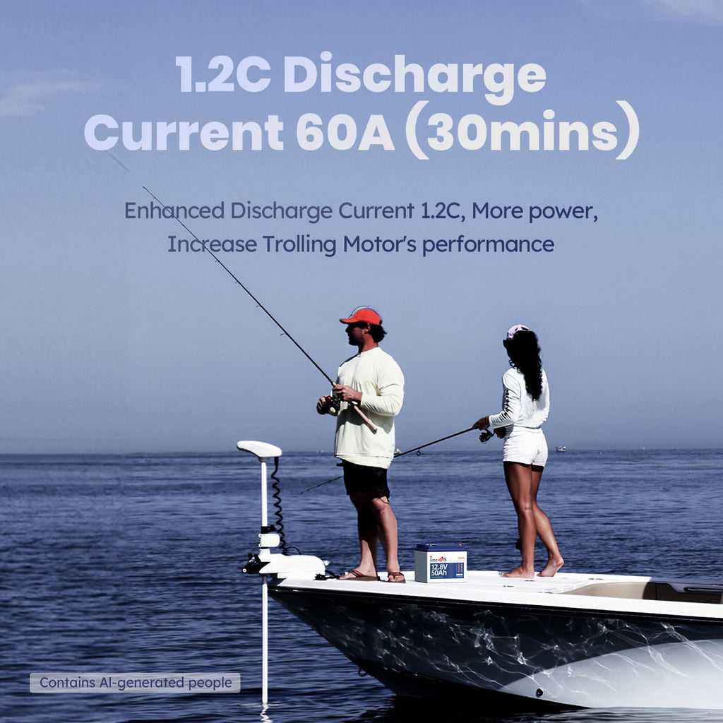Timeusb 12V 50Ah Trolling Motor LiFePO4 Lithium Battery with Low-Temp Protection, 15000 Deep Cycle, Max. 60A Current at 30mins, 12V Battery for 20~70lb Boat Motor, Fish Finder, Instrument Panel etc.