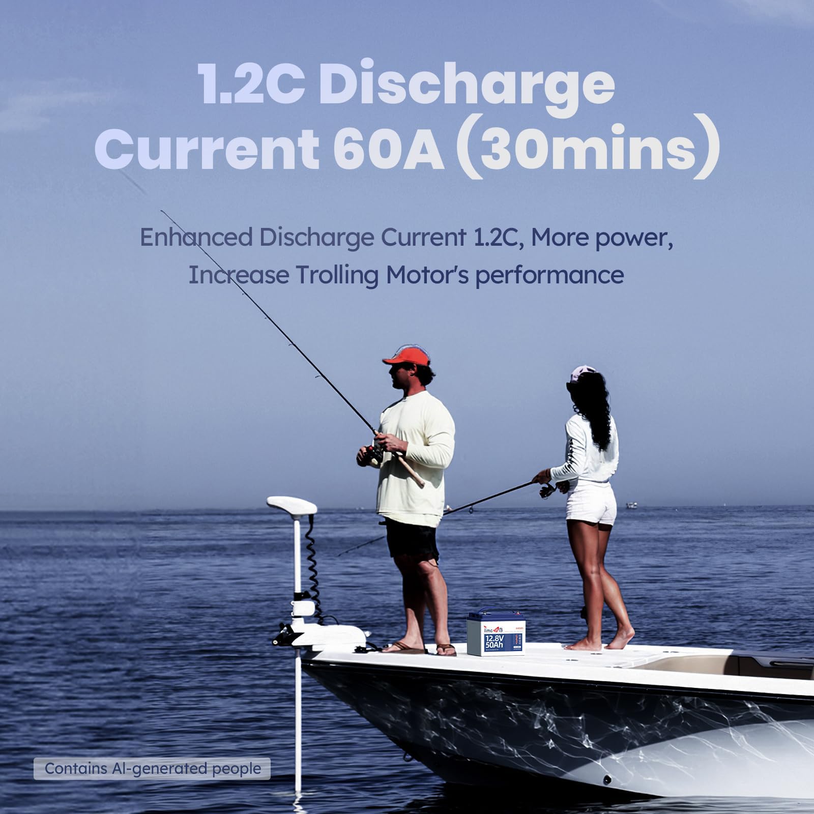 Timeusb 12V 50Ah Trolling Motor LiFePO4 Lithium Battery with Low-Temp Protection, 15000 Deep Cycle, Max. 60A Current at 30mins, 12V Battery for 20~70lb Boat Motor, Fish Finder, Instrument Panel etc.