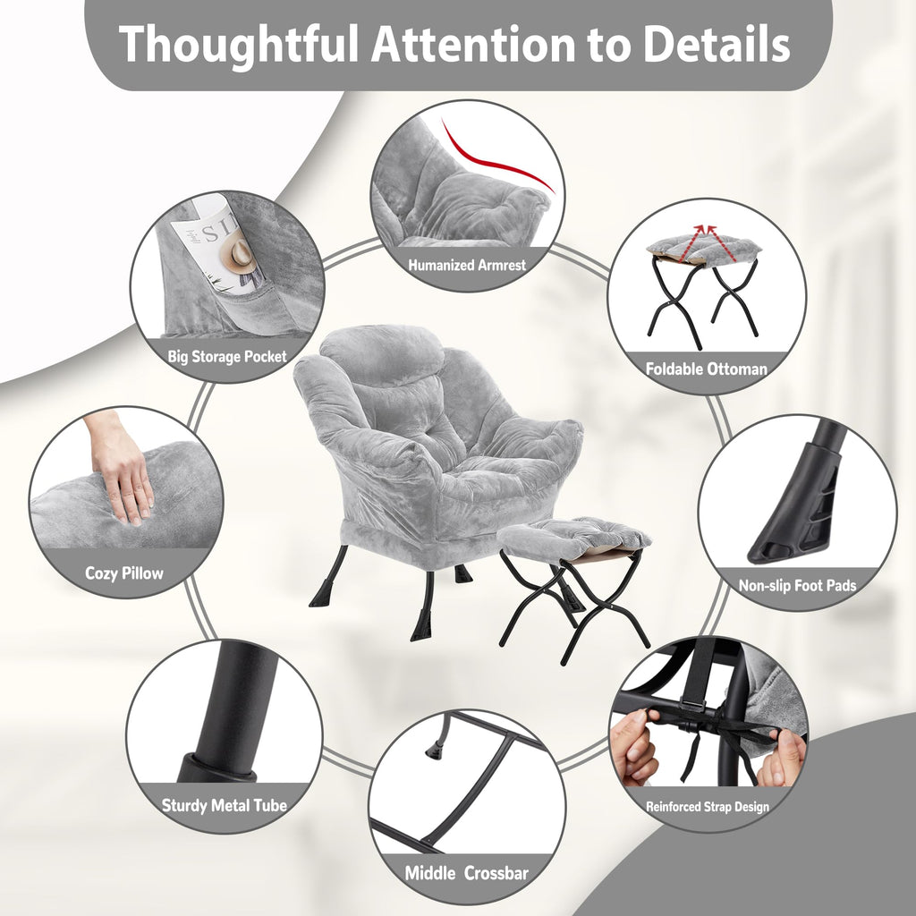 Youtanic Lazy Chair with Folding Ottoman, Accent Chair Velvet Upholstered with Metal Structure and Non-Slip Pads, Sofa Armchair with Footrest and Side Storage Bag for Dorm, Room, Office, Beige