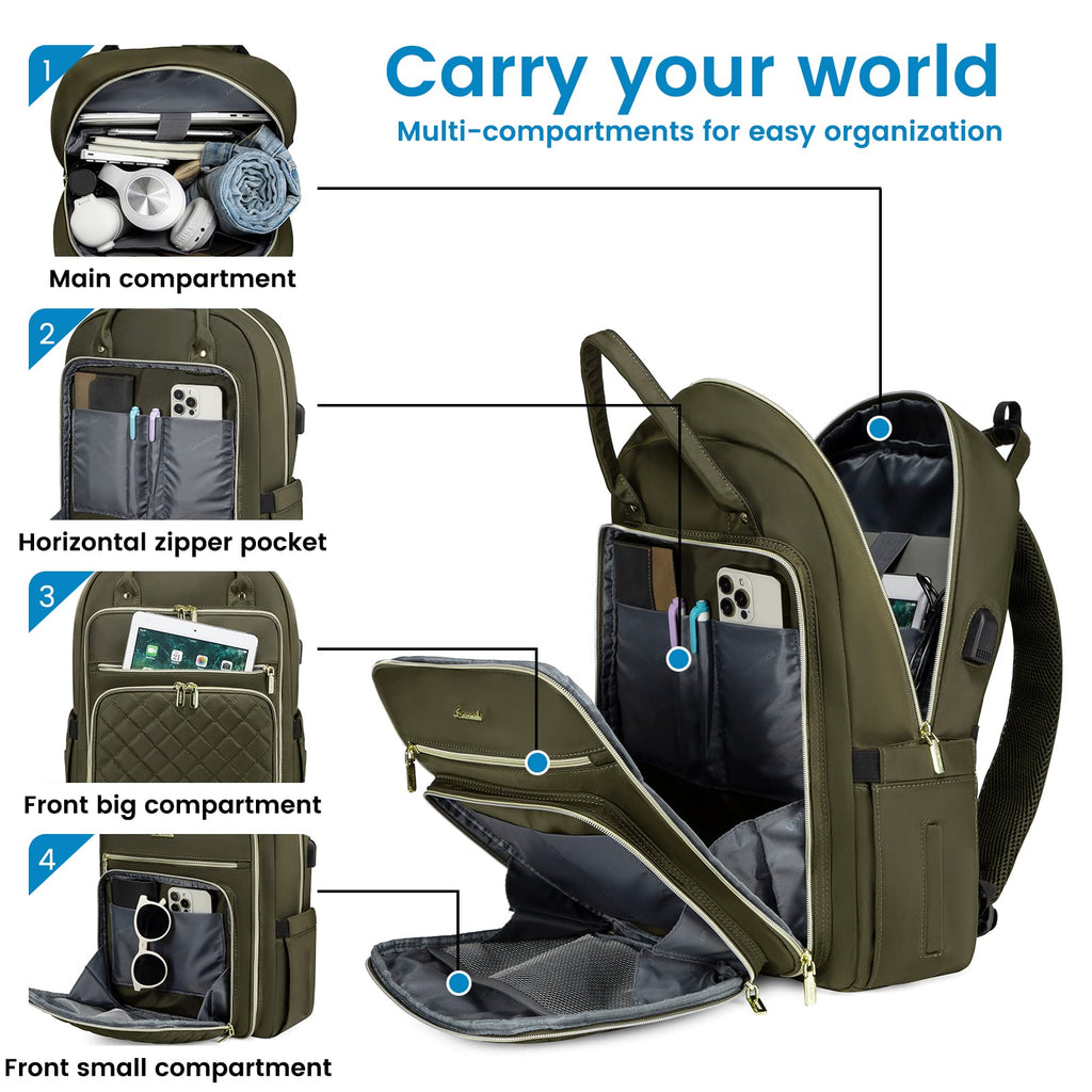 LOVEVOOK Laptop Backpack for Women, Water Resistant Travel Work Backpacks Purse College Business Teacher Nurse Computer bag with USB Charging Port