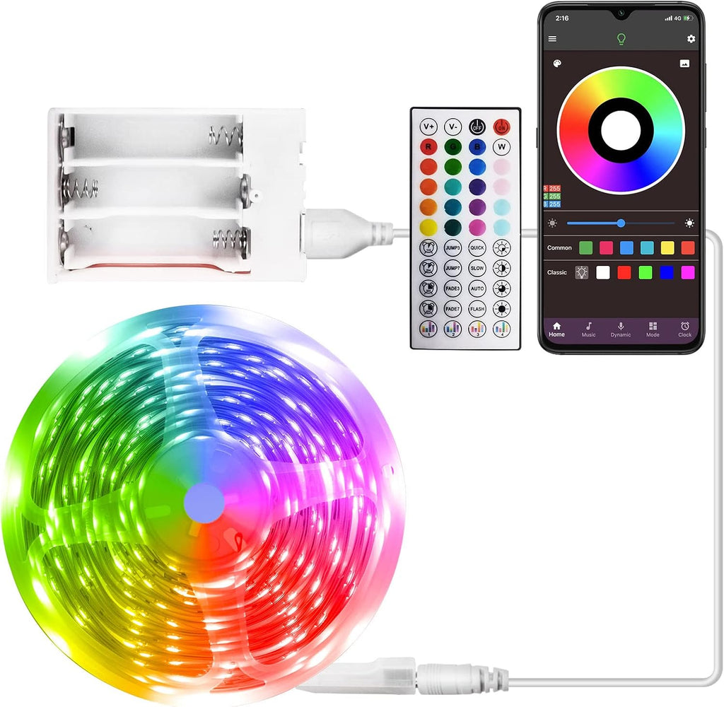 RUISHINE Battery Operated LED Strip Lights 20ft, Battery Powered LED Strip Lights for Bedroom Color Changing APP Remote, USB Led Lights for TV, Room, Kitchen, Party