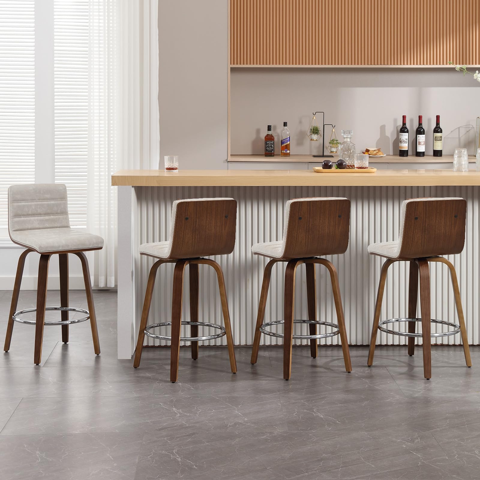 Bar Stools 29 Inch Bar Height, Swivel Bar Stools with Backs Upholstered PU Leather Barstool, L Shape Back and Padded Seat, Mid-Century Modern Bar Stool Pub Chairs for Kitchen Counter Island, Black