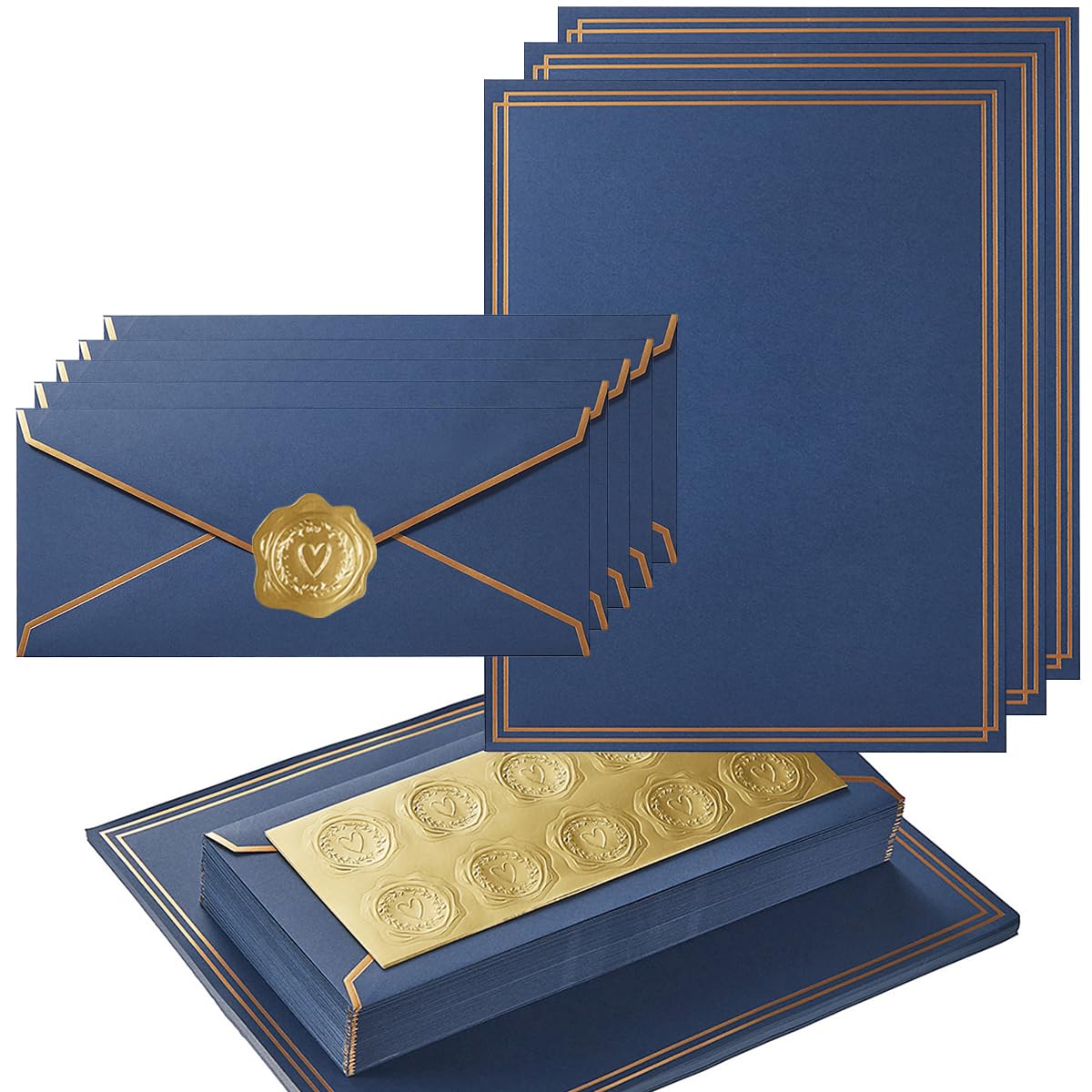 50 Pack Stationery Set with Envelopes, Cream Color, 8.5x11 Inches | Gold Border, #10 Business Envelopes and 8.5x11 Paper Sheets, Stickers for Letter Writing, Invitations