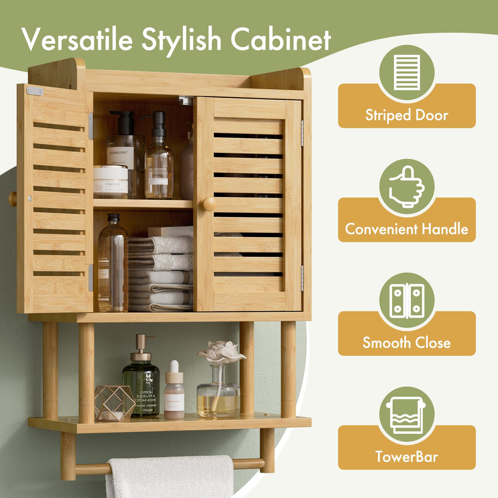 AmazerBath Bathroom Wall Cabinets, Bamboo Medicine Cabinet with Rattan Door, Over The Toilet Storage Cabinet with Towel Bar, Wall Mounted Cabinet with Adjustable Shelves for Small Spaces