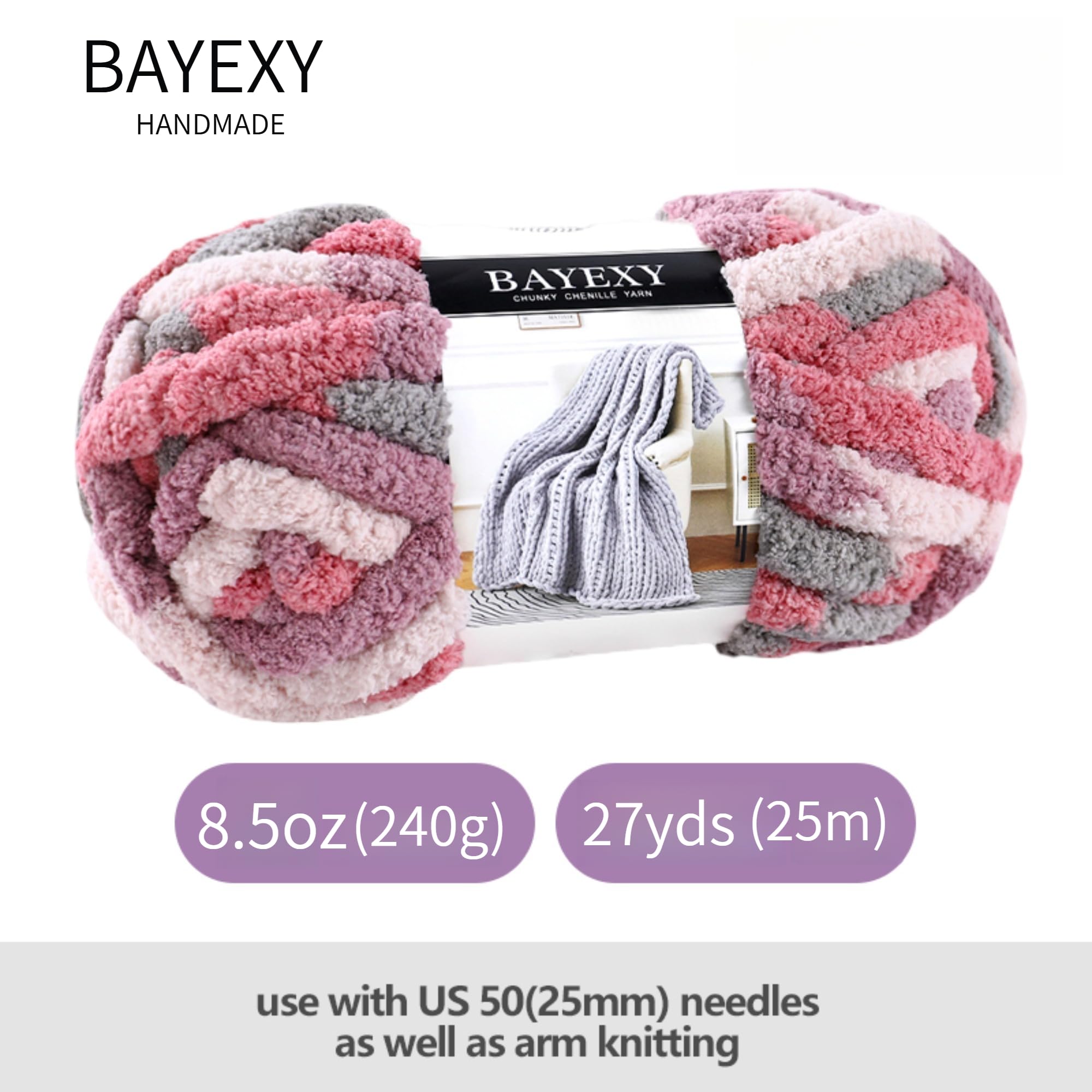 Chunky Chenille Yarn for Hand Knitting 8 Jumbo Pack Jumbo Chunky Yarn for Hand Soft Blanket Knitting, Bulky Thick Fluffy Yarn for Crocheting (Black)