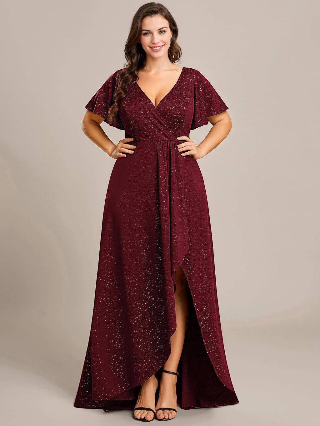 Ever-Pretty Glitter Formal Dresses for Cuvvy Women Plus Size A-line High Low Wedding Guest Gala Dress with Ruffles Sleeves