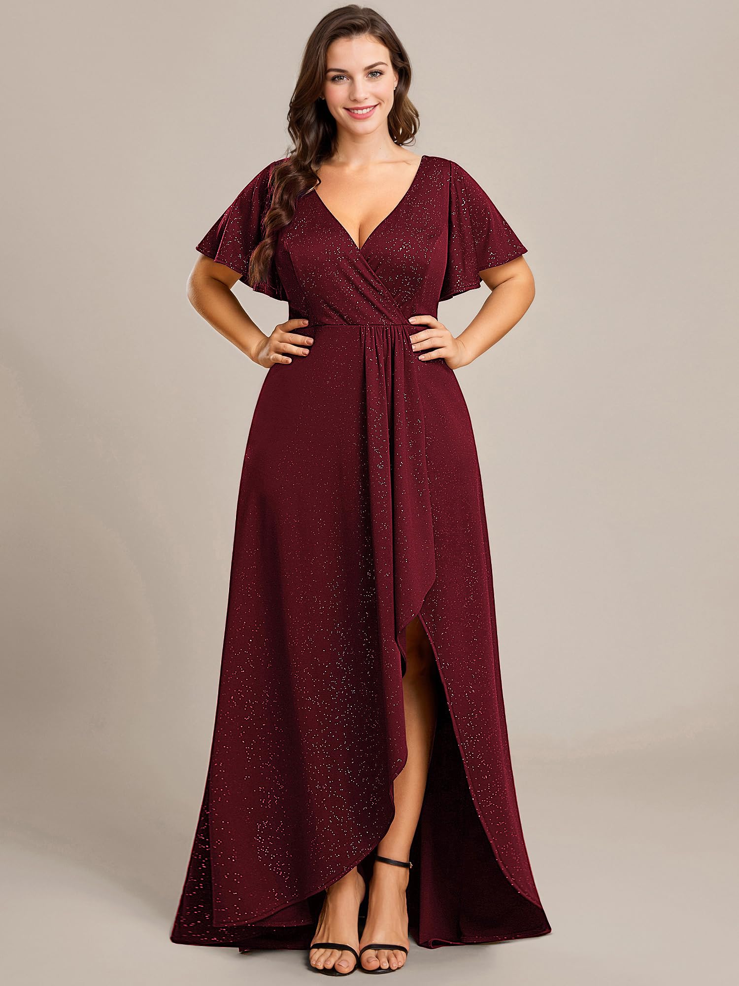 Ever-Pretty Glitter Formal Dresses for Cuvvy Women Plus Size A-line High Low Wedding Guest Gala Dress with Ruffles Sleeves