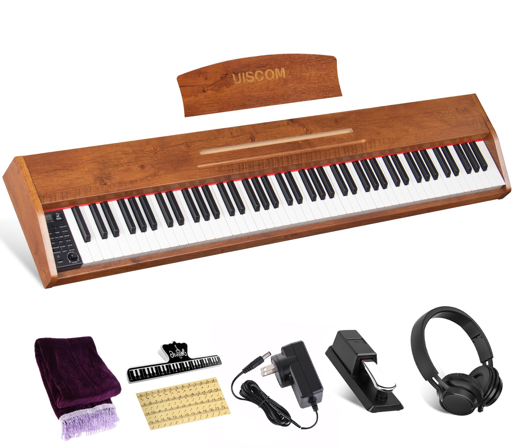 UISCOM Digital Piano Keyboard for Beginners, Full Size 88 Key Semi-Weighted Keyboard Electric Piano with Stand,Power Adapter,Sheet Music Stand,Pedal,Headphone,USB-MIDI Compatible,Wood Grain Apricot