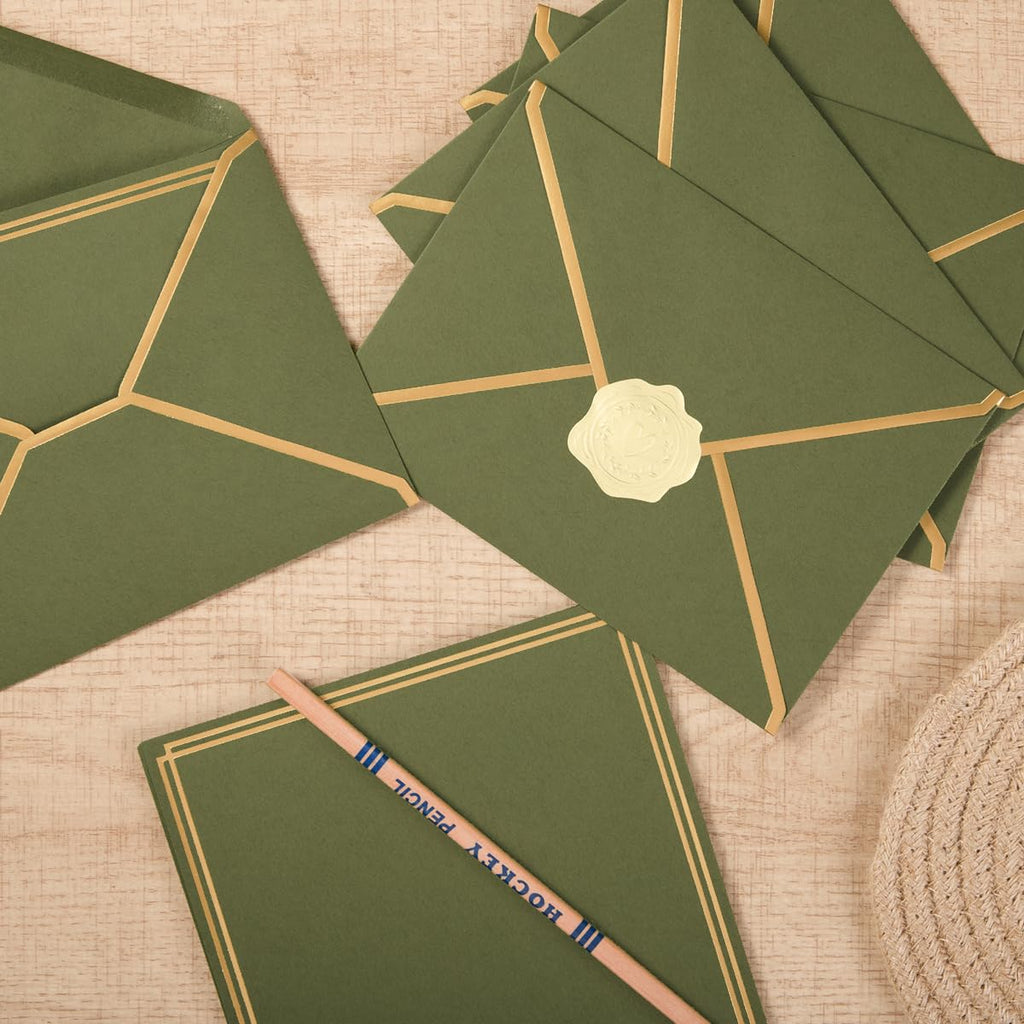 50 Pack Stationery Set with Envelopes, Cream Color, 8.5x11 Inches | Gold Border, #10 Business Envelopes and 8.5x11 Paper Sheets, Stickers for Letter Writing, Invitations