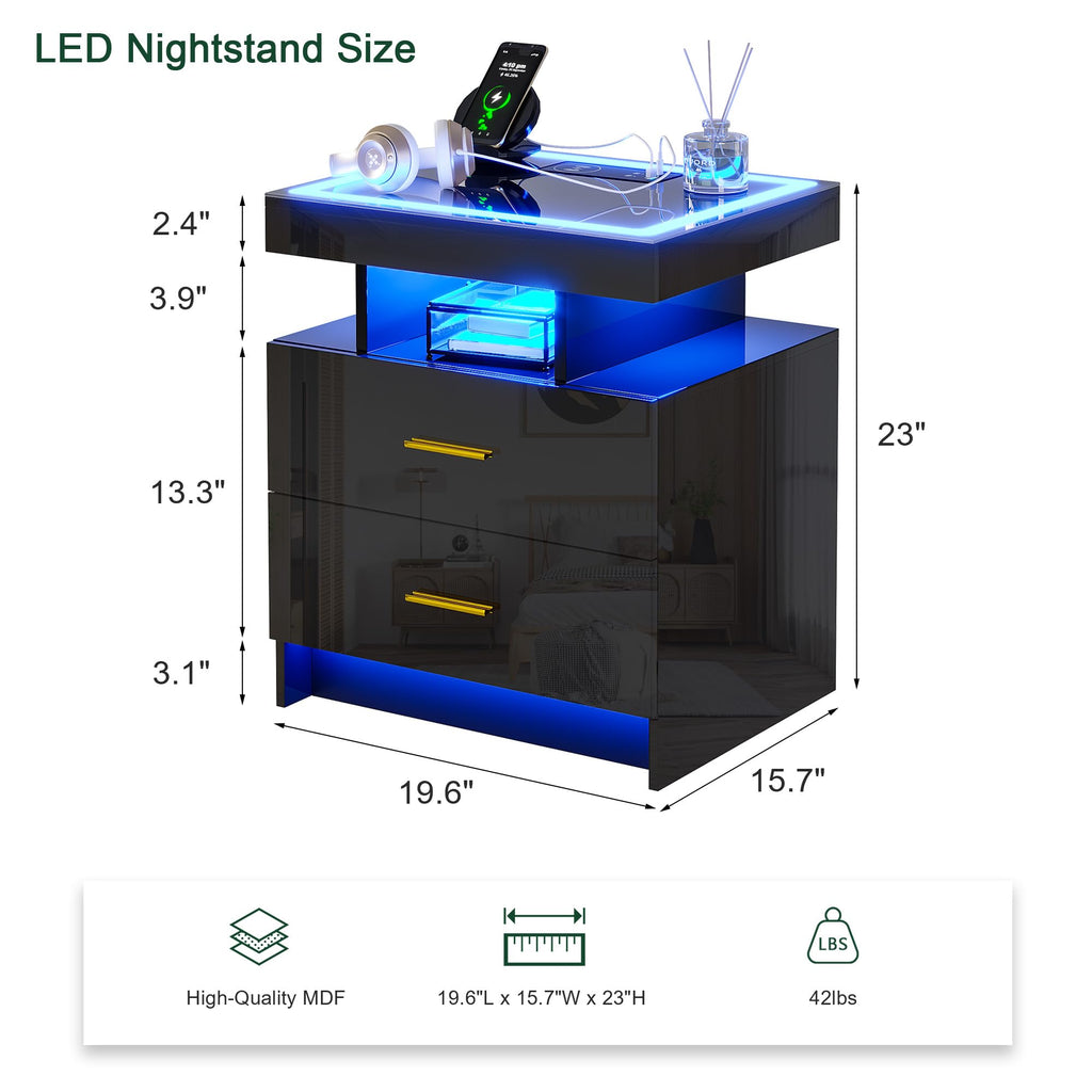 HNEBC LED Nightstand with Charging Station,Smart Bedside Table with Motion Sensor Lights,3 Drawers,Tempered Glass Top,High Gloss End Table with 3 Color Lights for Bedroom, Living Room,Office-Black