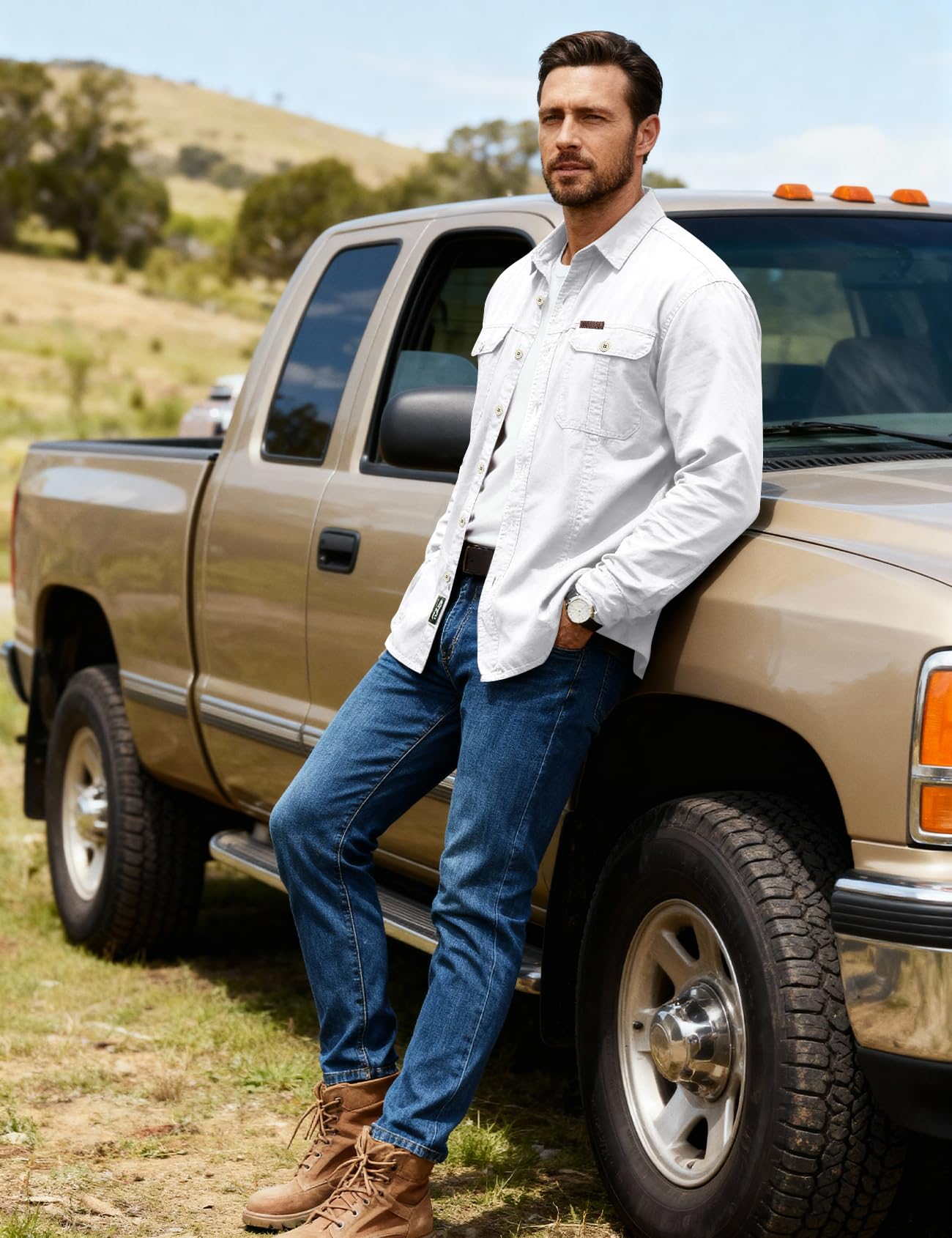 Eisctnd Men's Long Sleeve Cotton Work Shirt Casual Loose Fit Button Down Shirts with 2-Pocket for Outdoor Safari
