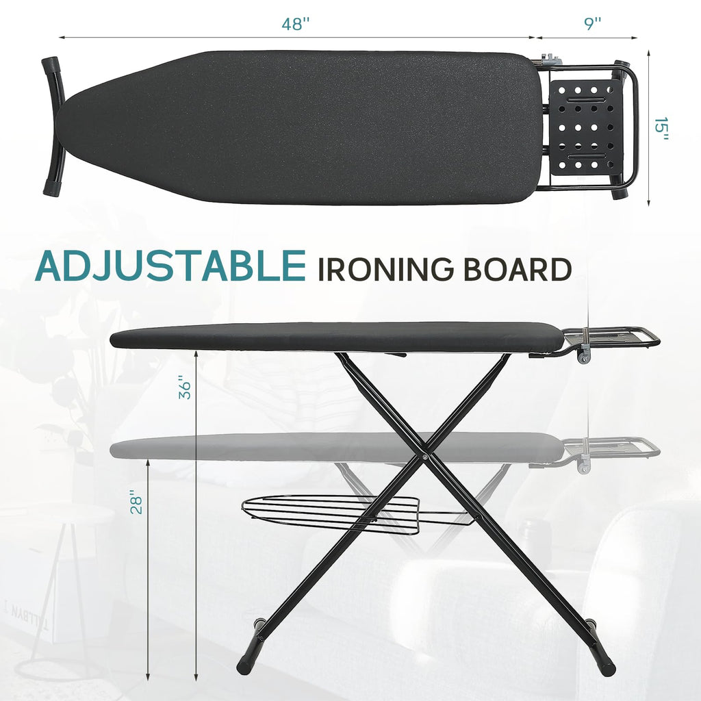 Ironing Board Full Size, RAINHOL 43"x13" Sturdy Iron Board with Iron Rest and Garment Rack, Height Adjustable Metal Construction with Ultra Thick Cover and Padding, Foldable and Heavy Duty