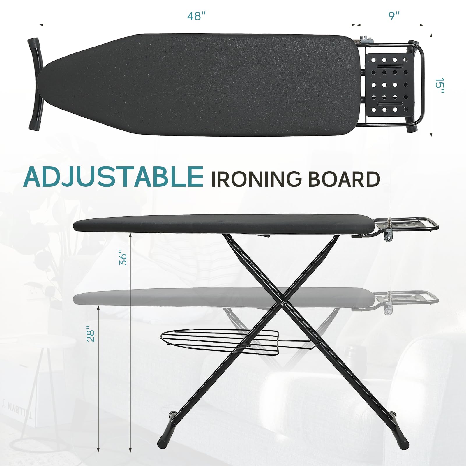 Ironing Board Full Size, RAINHOL 43"x13" Sturdy Iron Board with Iron Rest and Garment Rack, Height Adjustable Metal Construction with Ultra Thick Cover and Padding, Foldable and Heavy Duty