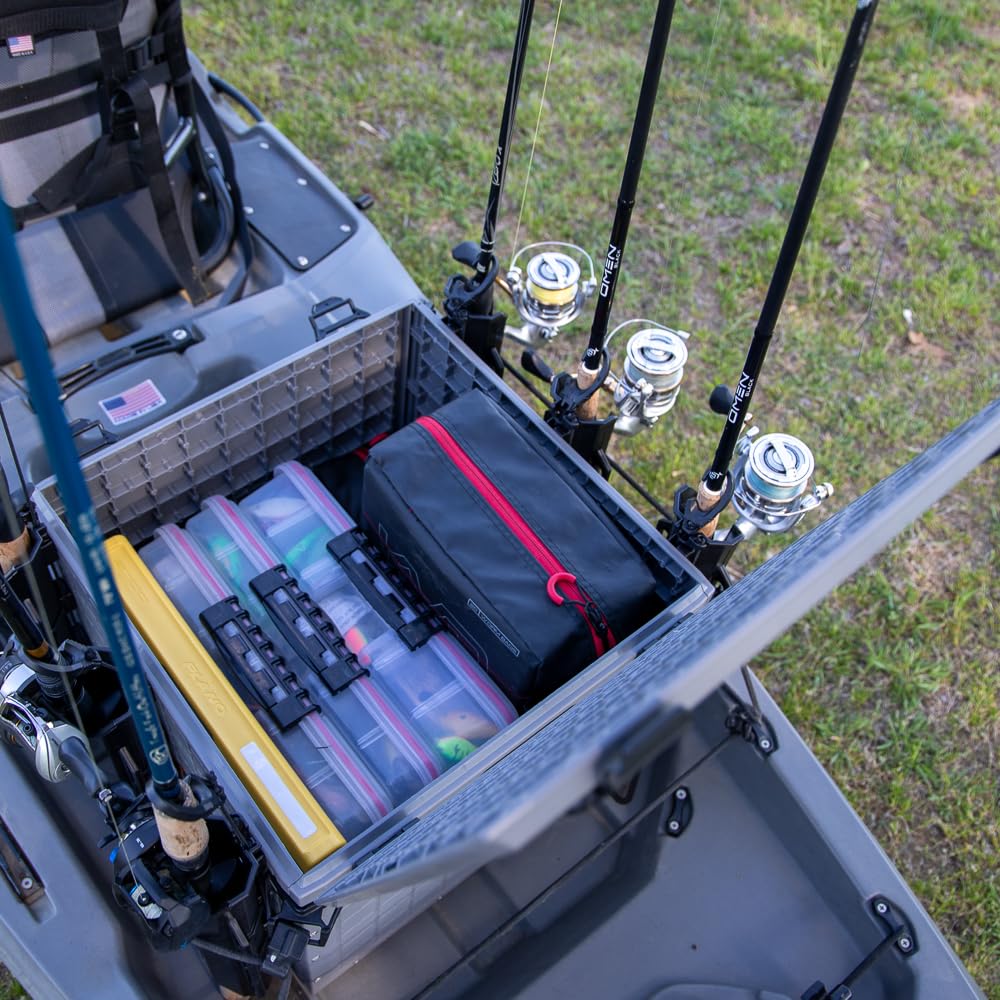 YakAttack BlackPak Pro 13" x 13" Fishing Crate with 3 Rod Holders - Battleship Grey | Compact Tackle Storage Box & Gear Organizer for Kayaks | Lightweight, Durable & Customizable Marine Accessory