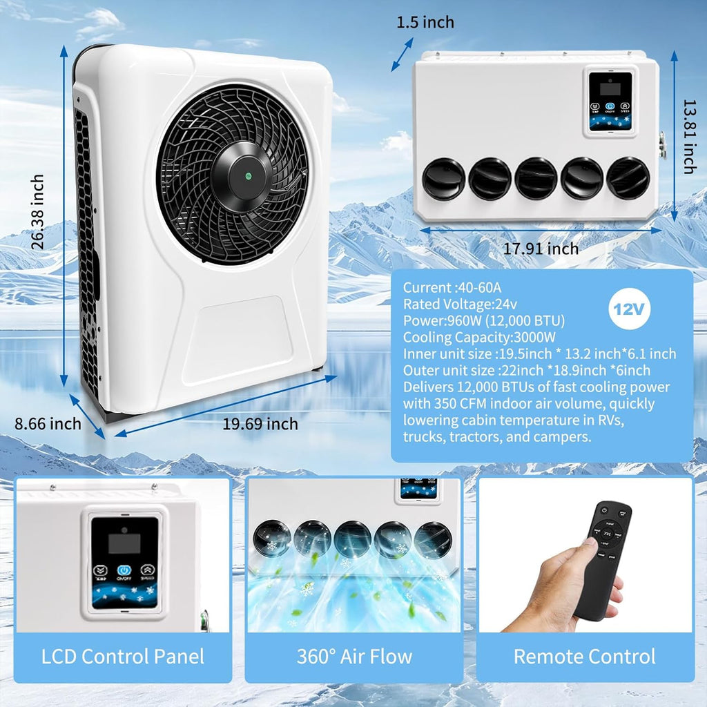 Treeligo 12V Truck Cab Air Conditioner 12000BTU, Mini Split 12 Volt DC Electric Split ac Unit, 45dB Low Noise, Fast Cooling AC Unit Universal dc Air Conditioning for semi trucks RV Camper
