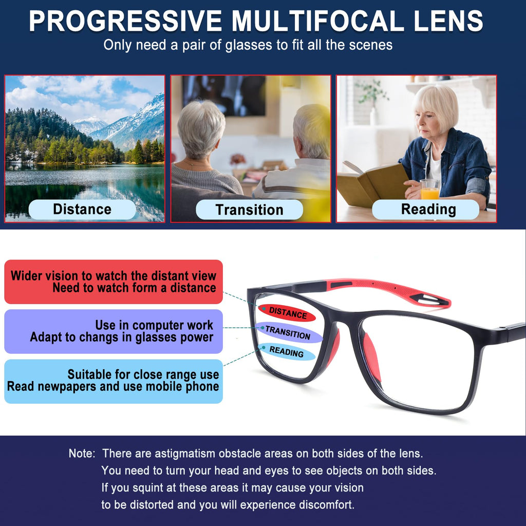 BLOEXCLU 4 Pack Progressive Multifocus Reading Glasses for Men Women TR90 Sports Style Anti-Blue Light Computer Readers