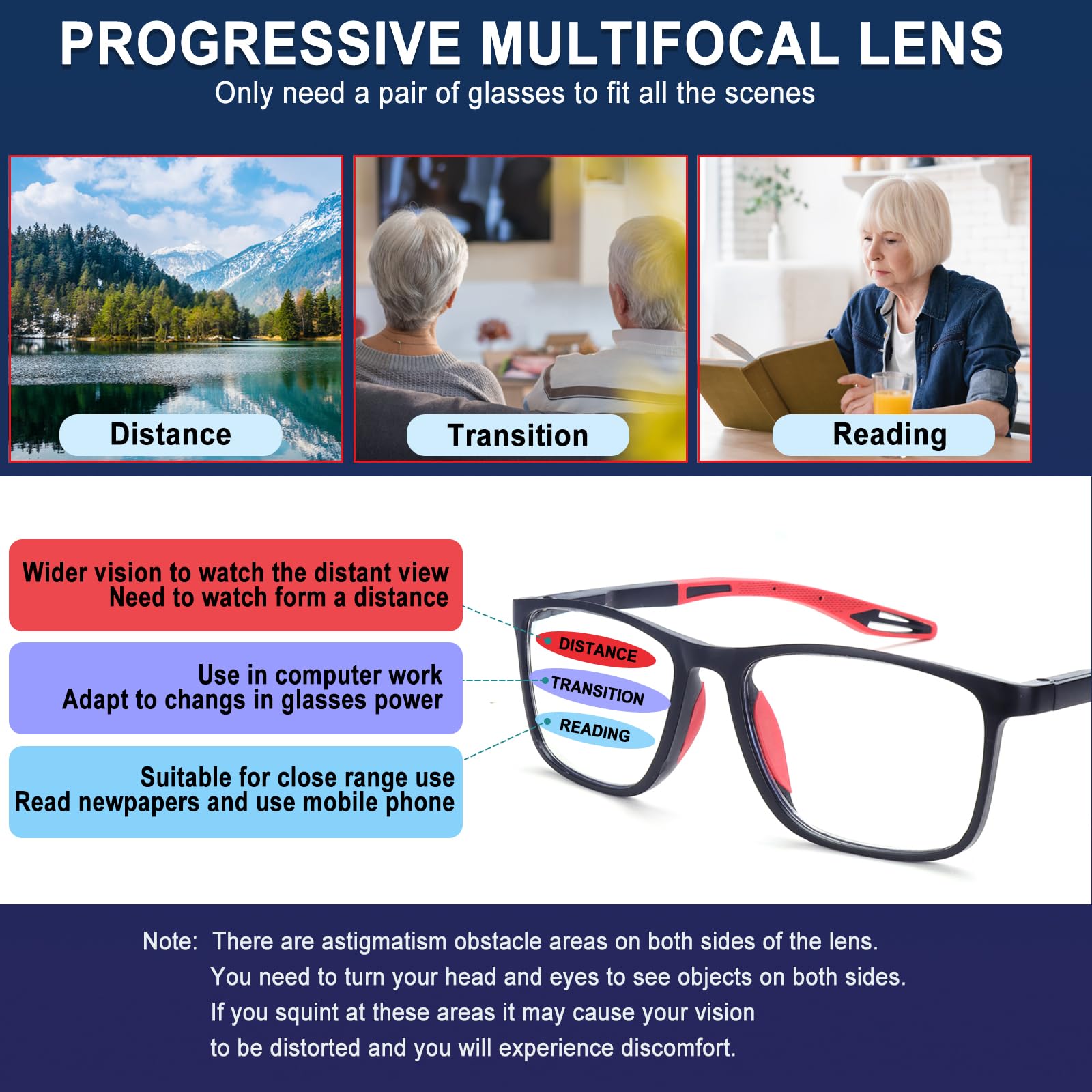 BLOEXCLU 4 Pack Progressive Multifocus Reading Glasses for Men Women TR90 Sports Style Anti-Blue Light Computer Readers