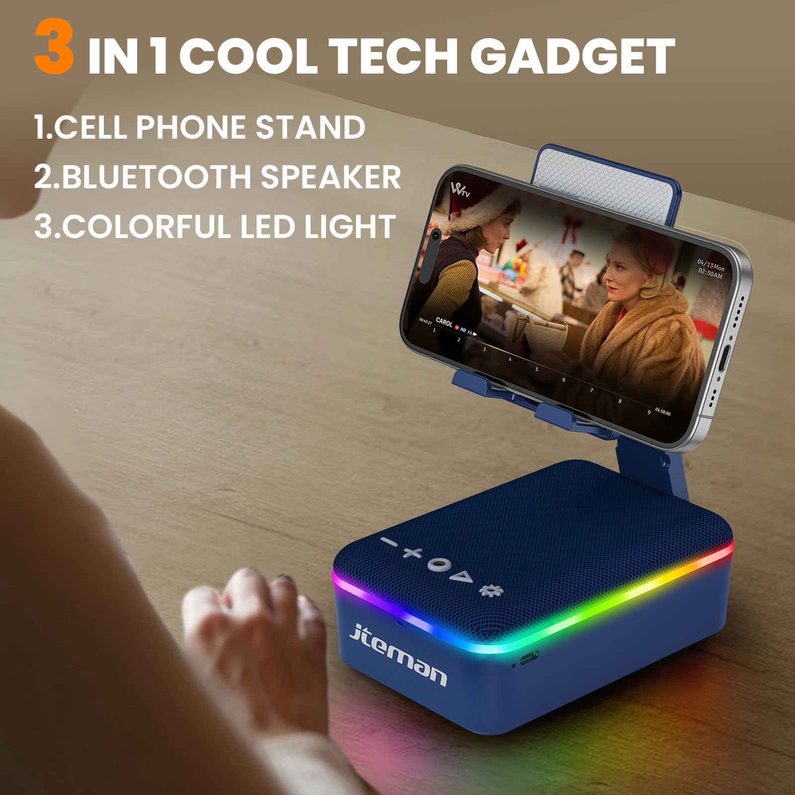 JTEMAN Gifts for Men Women,Cell Phone Stand with Bluetooth Speaker,LED Light,and Lanyard,Cool Tech Gadgets,Unique Birthday Gifts for Men Husband Mom Dad