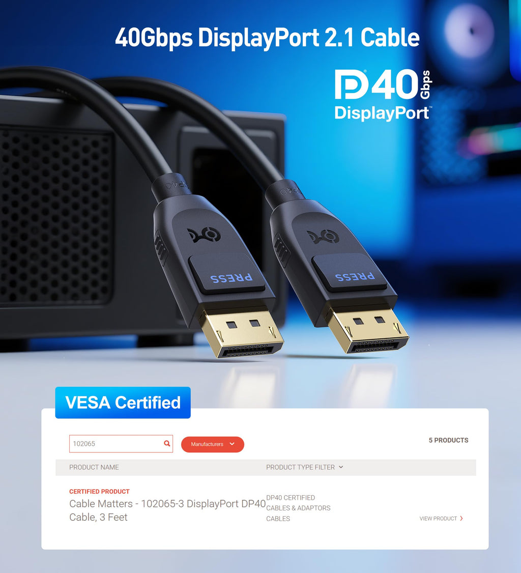 Cable Matters [VESA Certified] 40Gbps DisplayPort 2.1 Cable 1m/3.3ft, DP40 Cable 8K 120Hz, 4K 240Hz in Black with FreeSync, G-SYNC and HDR for Gaming Monitor, PC, RTX 4080/4090, RX 7900