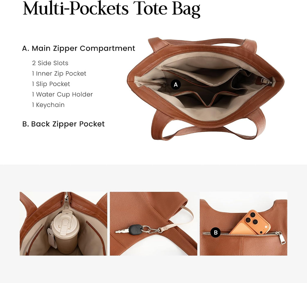 befen Soft Genuine Leather Tote Bag for Women Work with Zipper Slouchy Bags