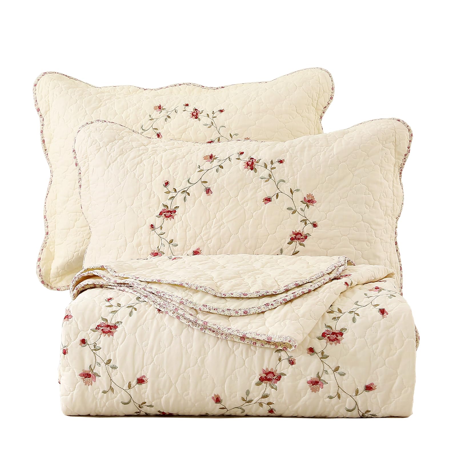 vctops 3-Piece Floral Embroidered Bedspread Coverlet Set Twin Size 100% Cotton Reversible Patchwork 1 Quilt and 2 Pillow Shams (Flower,Twin)