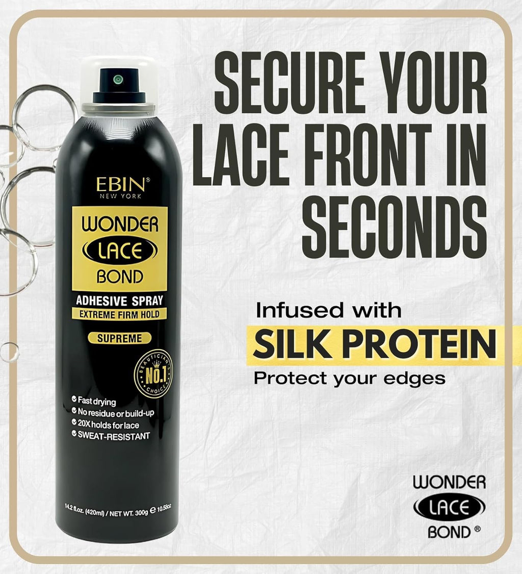 EBIN NEW YORK Wonder Lace Bond Adhesive Spray - Extreme Firm Hold 2.7oz/ 80ml| Active Use, Fast Drying, No Residue, No Build-up, All-day Powerful Hold, Easy Daily Wig Install