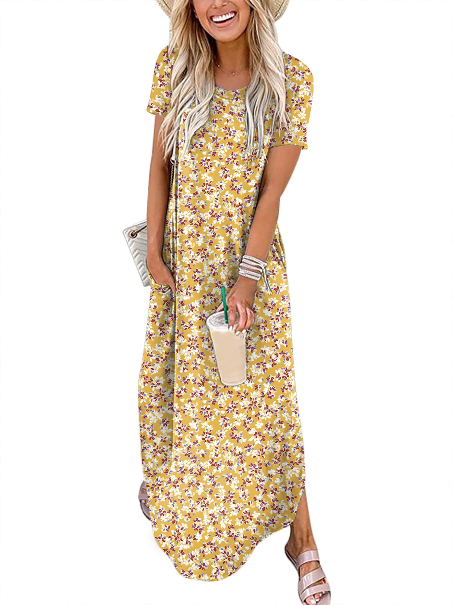 ANRABESS Womens Summer Maxi Dress Short Sleeve Casual Loose Long T Shirt Dresses Split Vacation Beach Sundress Travel Outfits