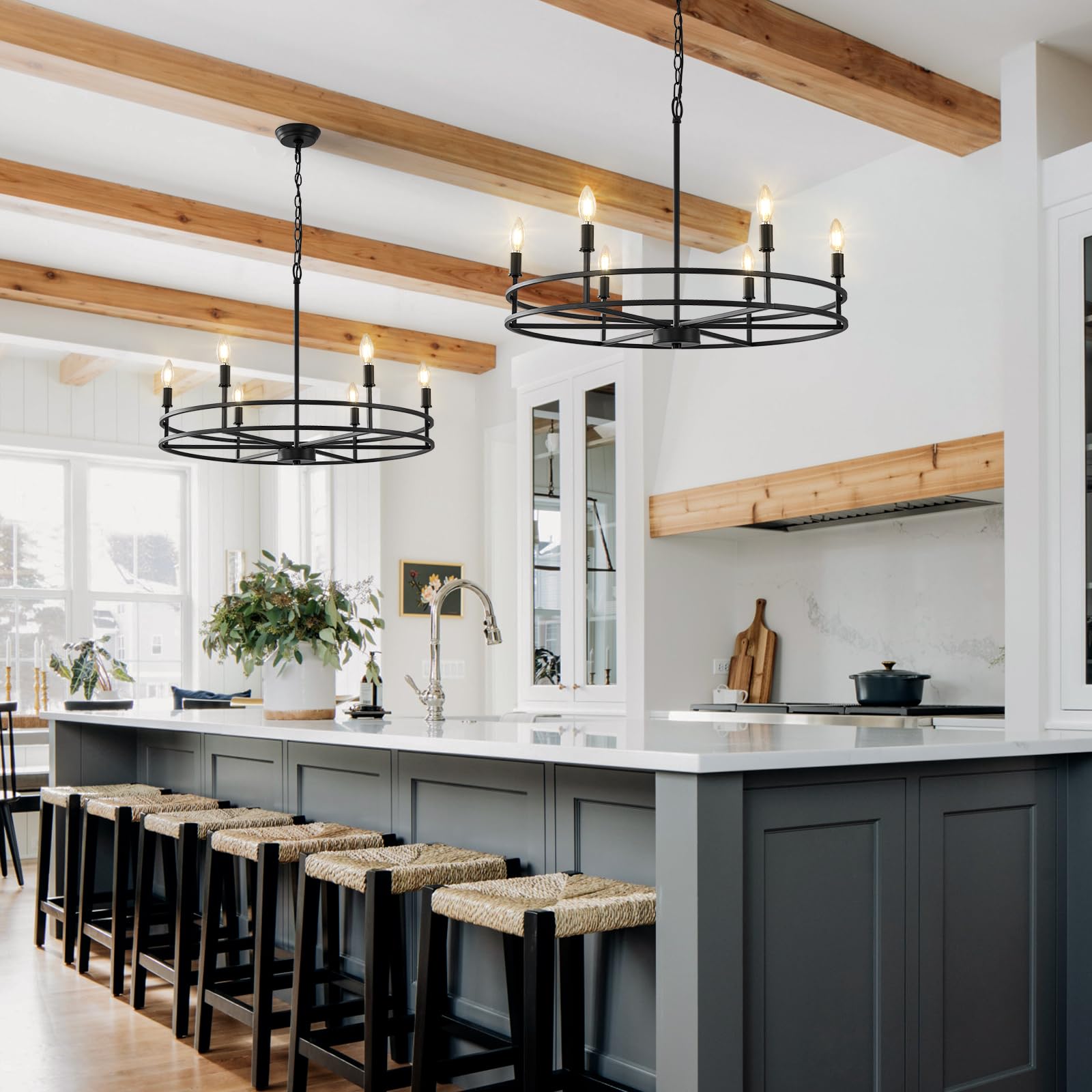 Black Chandelier 6-Light Dining Room Chandelier Kitchen Chandeliers Over Table Round Living Room Chandelier Light Fixture for Bedroom, Kitchen, Foyer