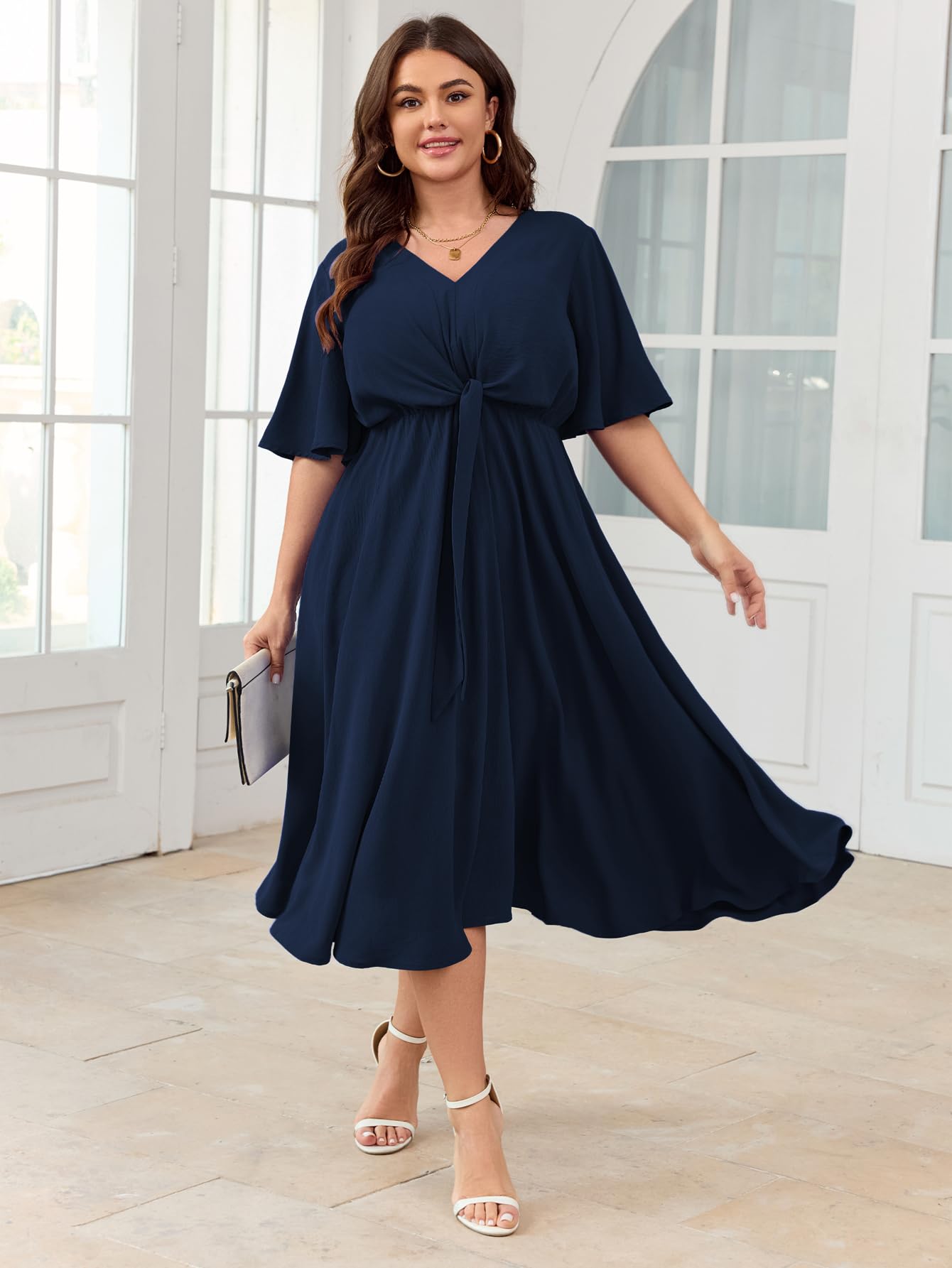 SCOMCHIC Women Plus Size Midi Dresses Wedding Guest Short Sleeve V Neck Tie Waist Casual Summer Flowy A Line Dress