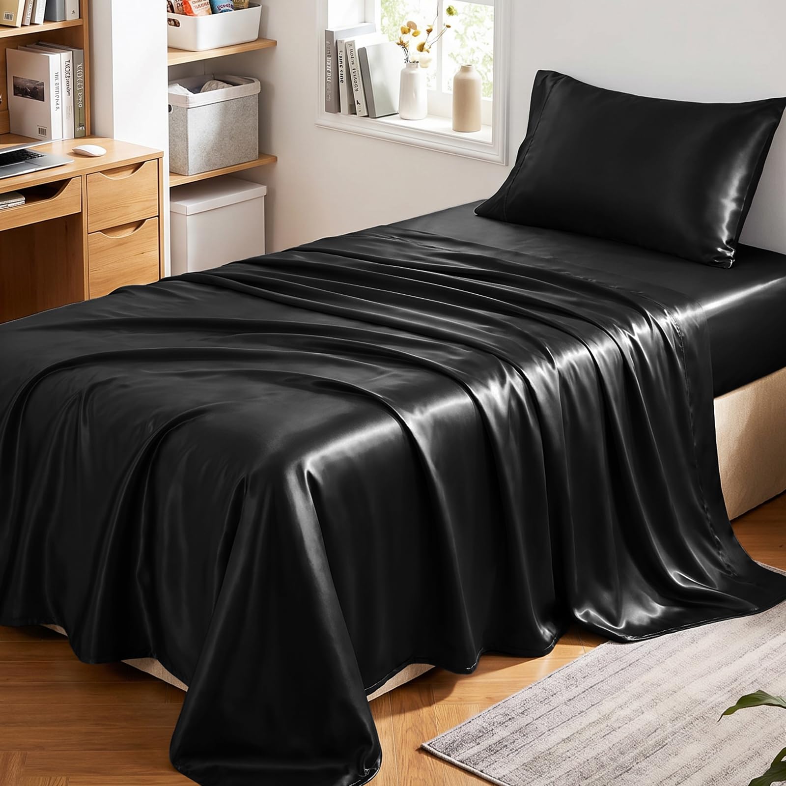 CozyLux Satin Sheets Twin Sheet Set - Silky Soft Bedding Similar to Silk, 3 Piece Sheets for Hair and Skin, Deep Pocket with All-Around Elastic, Home Decor for Bedroom, Black