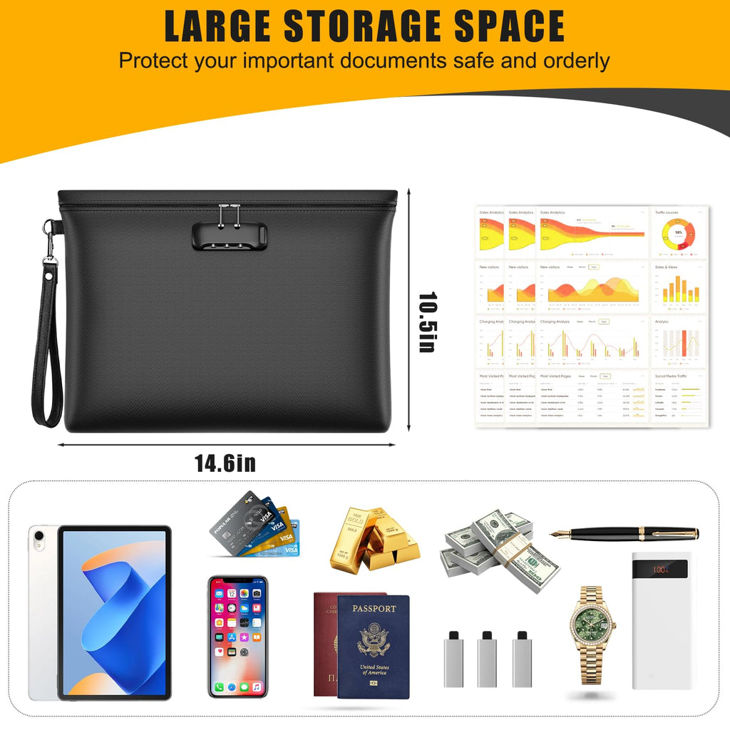 Fireproof Money Bag with Lock, 11.2"x7.6" Fireproof Cash Bag with Zipper Closure, Storage Pouch for A5 Size Document, Cheque, Cash, Cell Phone, Tablet, Credit Card, Passport, Jewelry (Black)
