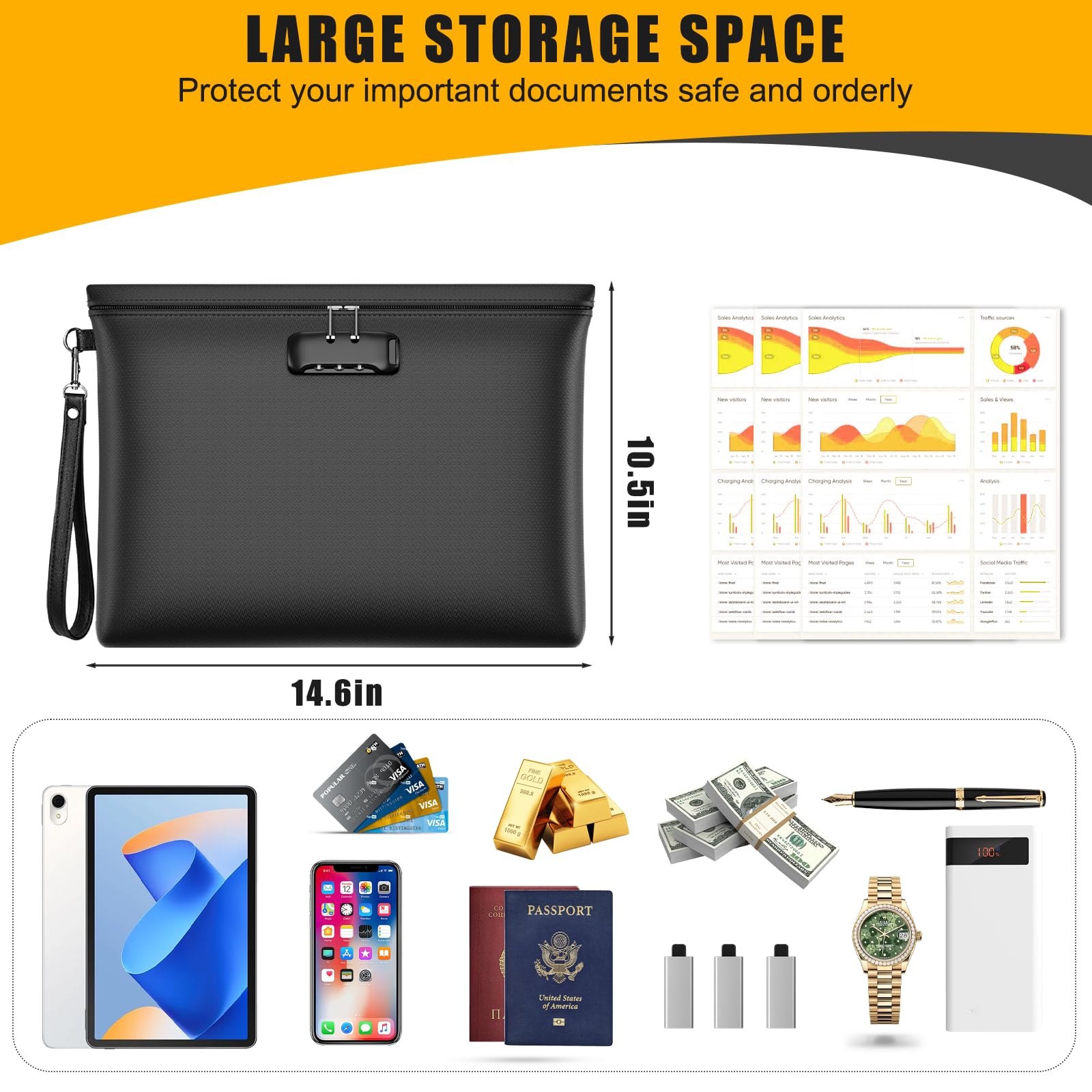Fireproof Money Bag with Lock, 11.2"x7.6" Fireproof Cash Bag with Zipper Closure, Storage Pouch for A5 Size Document, Cheque, Cash, Cell Phone, Tablet, Credit Card, Passport, Jewelry (Black)