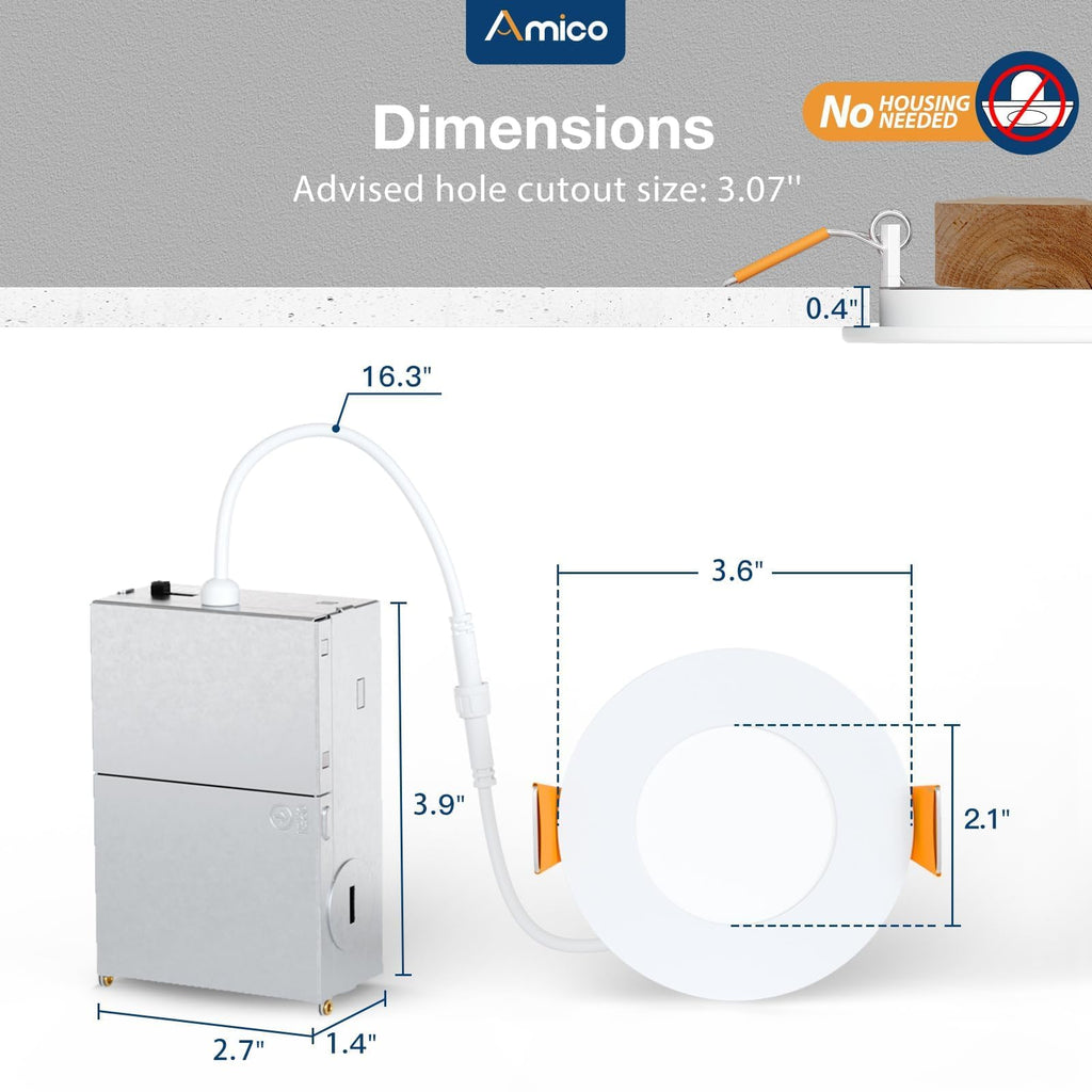 Amico 6 Pack 3 Inch 5CCT Ultra-Thin LED Recessed Ceiling Light with Junction Box, 2700K/3000K/3500K/4000K/5000K Selectable, 7W Eqv 60W 500LM Brightness Dimmable Canless Wafer Downlight, ETL