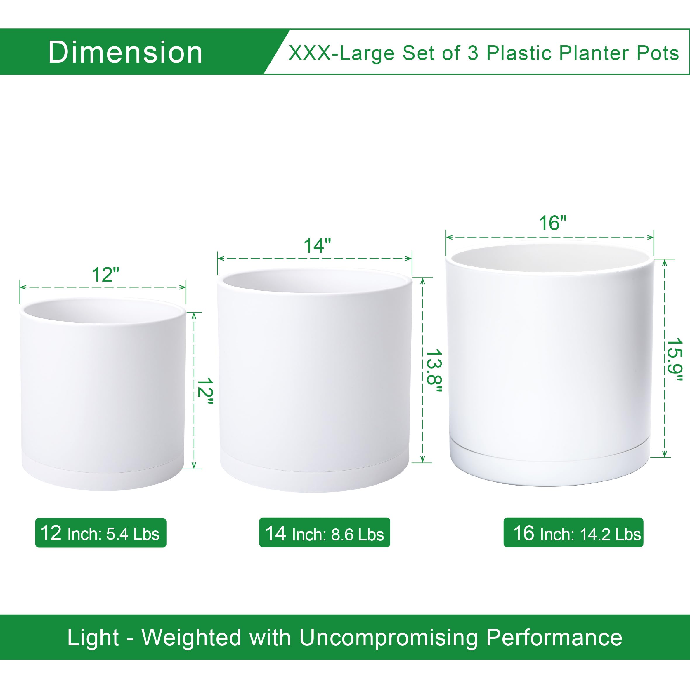 D'vine Dev 6.5 Inch 8 Inch 10 Inch, Set of 3 Plastic Planter Pots for Plants with Drainage Hole and Seamless Saucers, Black Color, Large, 74-V-B-4