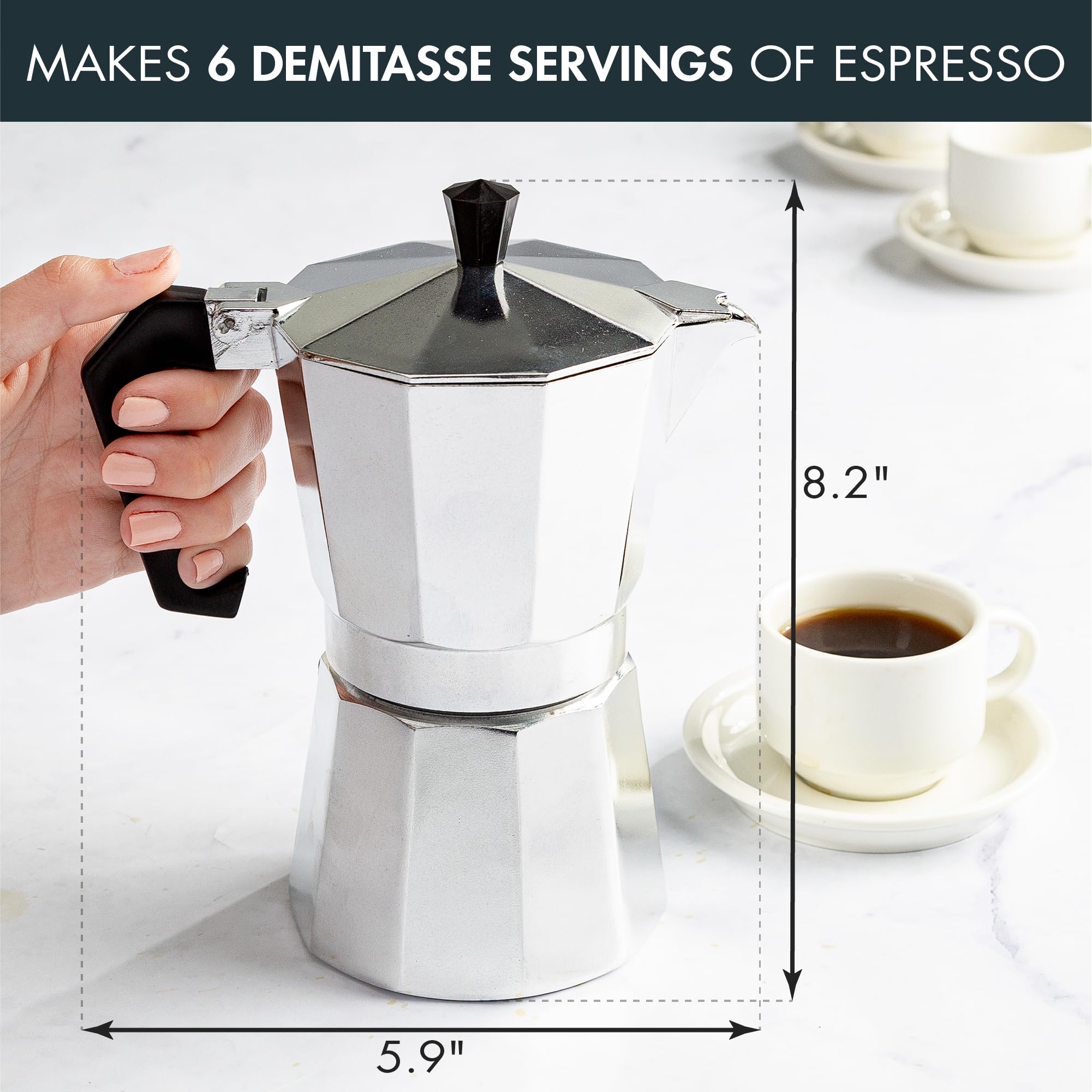 Primula Classic Moka Pot Stovetop Espresso and Coffee Maker, Italian and Cuban Cafetera for Rich Espresso Brewing, Durable Aluminum Greca Coffee Maker with Easy Grip Handle, 6-Cup, Black