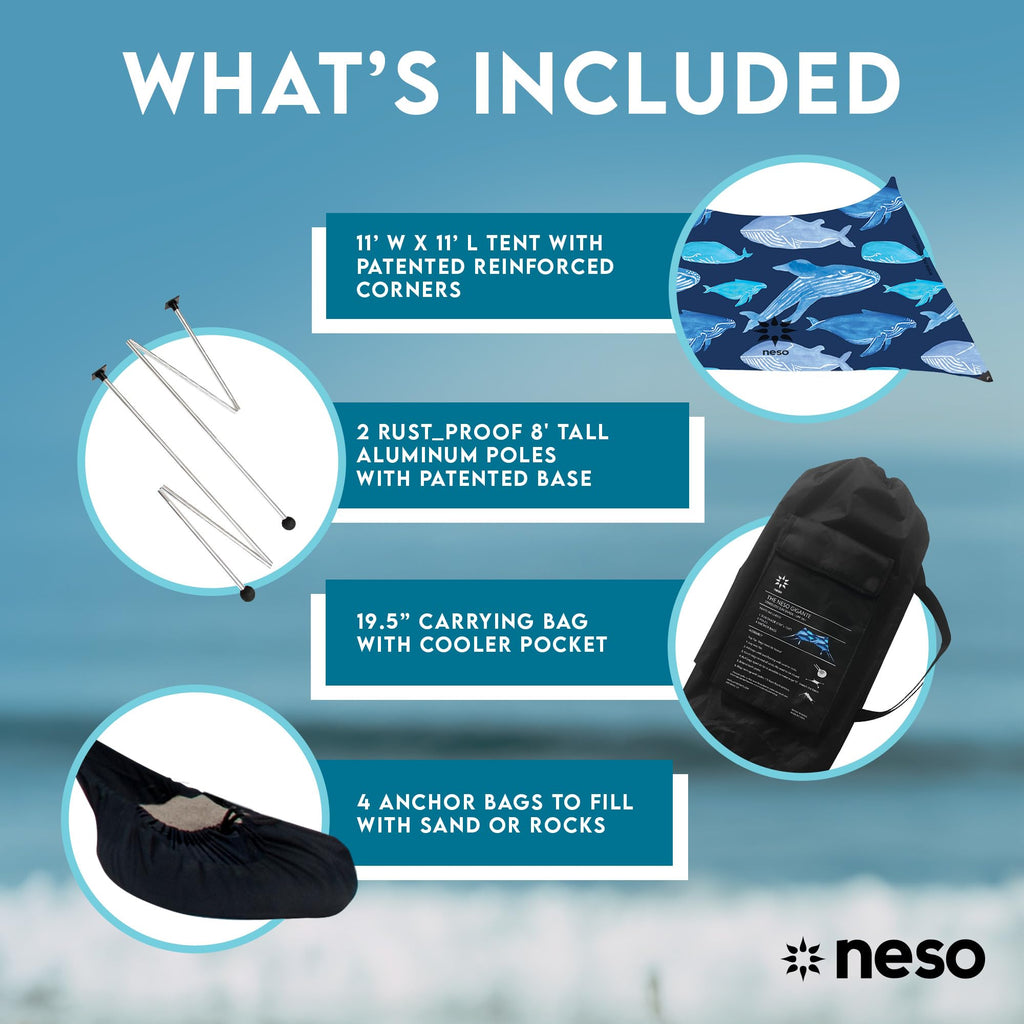 Neso Gigante Portable Beach Tent Sun Shelter - Lightweight Beach Shade Canopy - Easy Setup for Family Outings - Patented Reinforced Corners - UPF 50+ - 8ft Tall, 11 x 11ft - Save The Whales