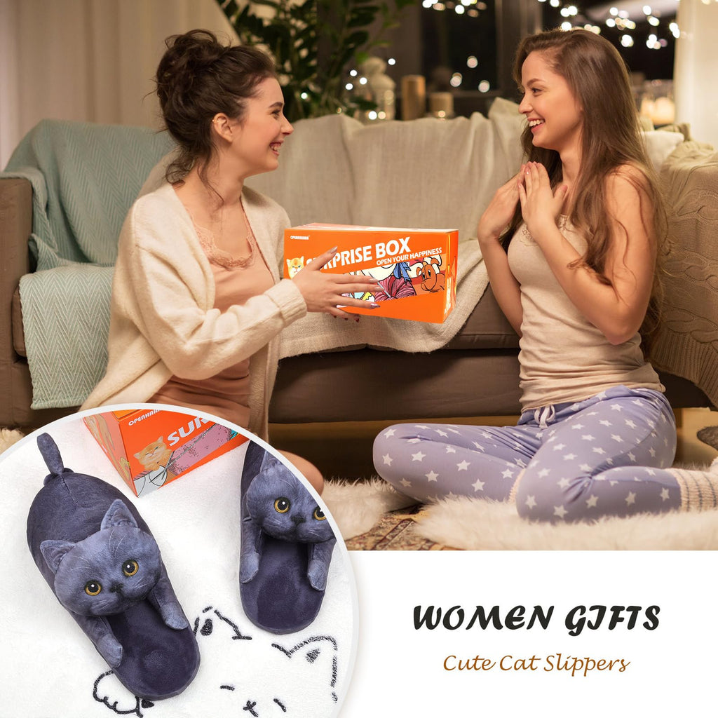 Funny Cat Slippers for Women,Fuzzy Animal Indoor House Shoes with Soft Memory Foam,Comfy Plush Warm Slip-on Slippers,Cat Gifts for Cat Lover