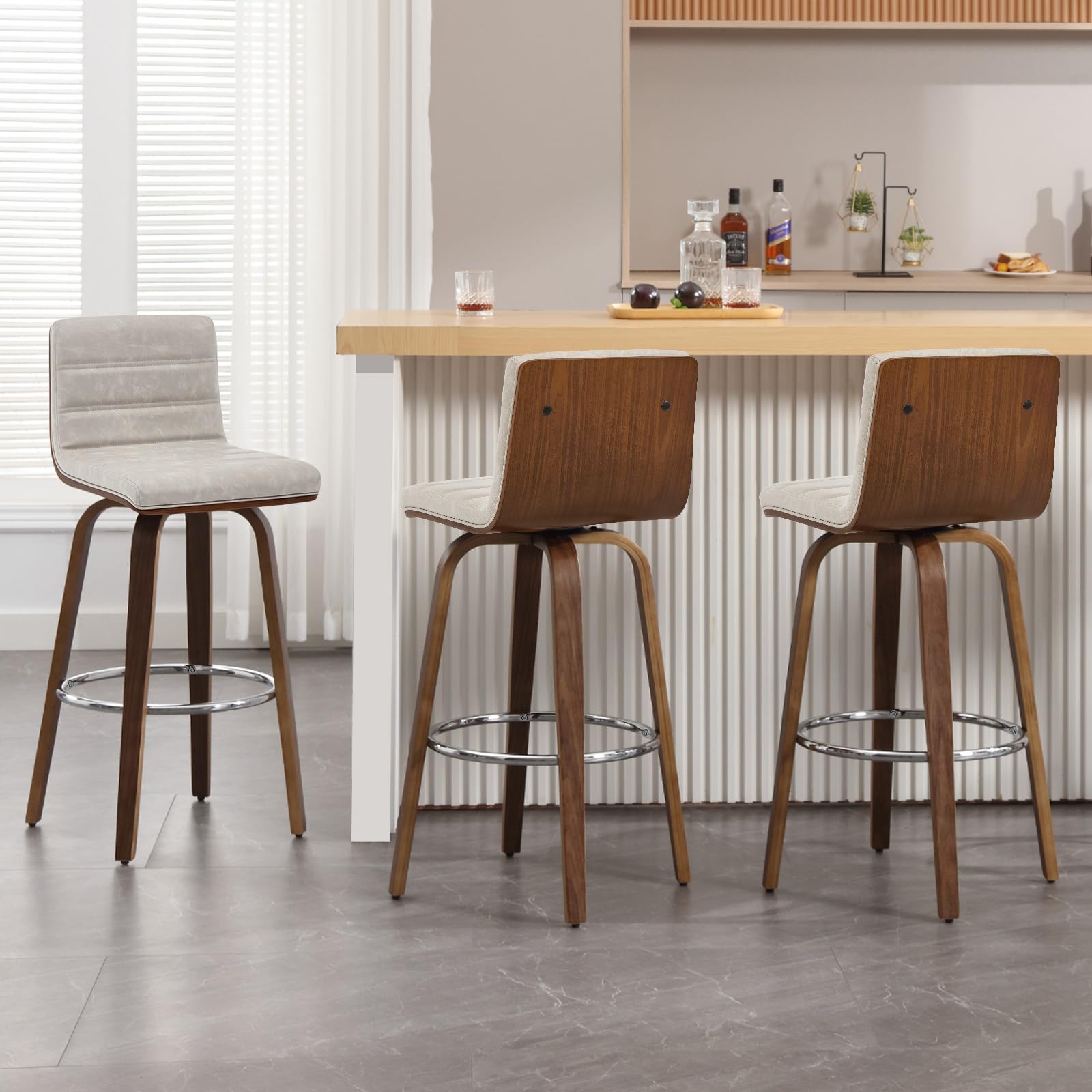 Bar Stools 29 Inch Bar Height, Swivel Bar Stools with Backs Upholstered PU Leather Barstool, L Shape Back and Padded Seat, Mid-Century Modern Bar Stool Pub Chairs for Kitchen Counter Island, Black