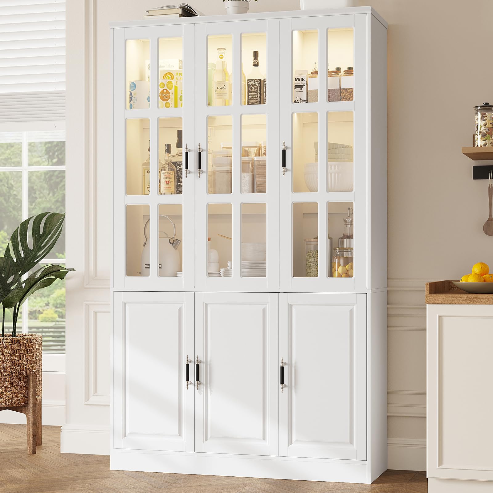 MEISSALIVVE Kitchen Pantry Storage Cabinet with LED Lights, 78.7" Tall with Glass Doors & Drawers, Freestanding Utility Cabinet, Black (31.5" W x 15.7" D)