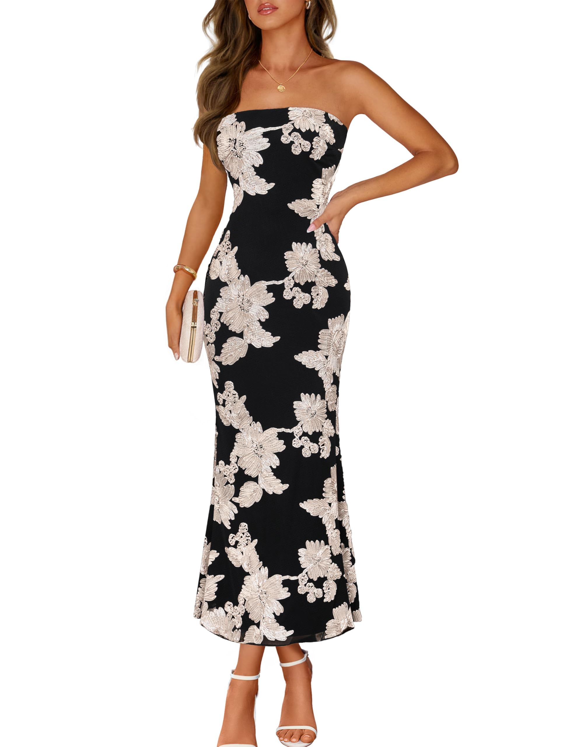 MEROKEETY Women's Floral Strapless Maxi Dress 2026 Summer Mesh Tube Bodycon Formal Wedding Guest Cocktail Party Long Dresses
