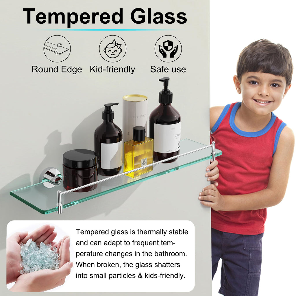 Glass Bathroom Shelves,Brushed Gold Floating Shelves for Wall Rectangular Modern Stainless Steel Glass Shelf for Bathroom Shelves wall Mounted 16 Inch