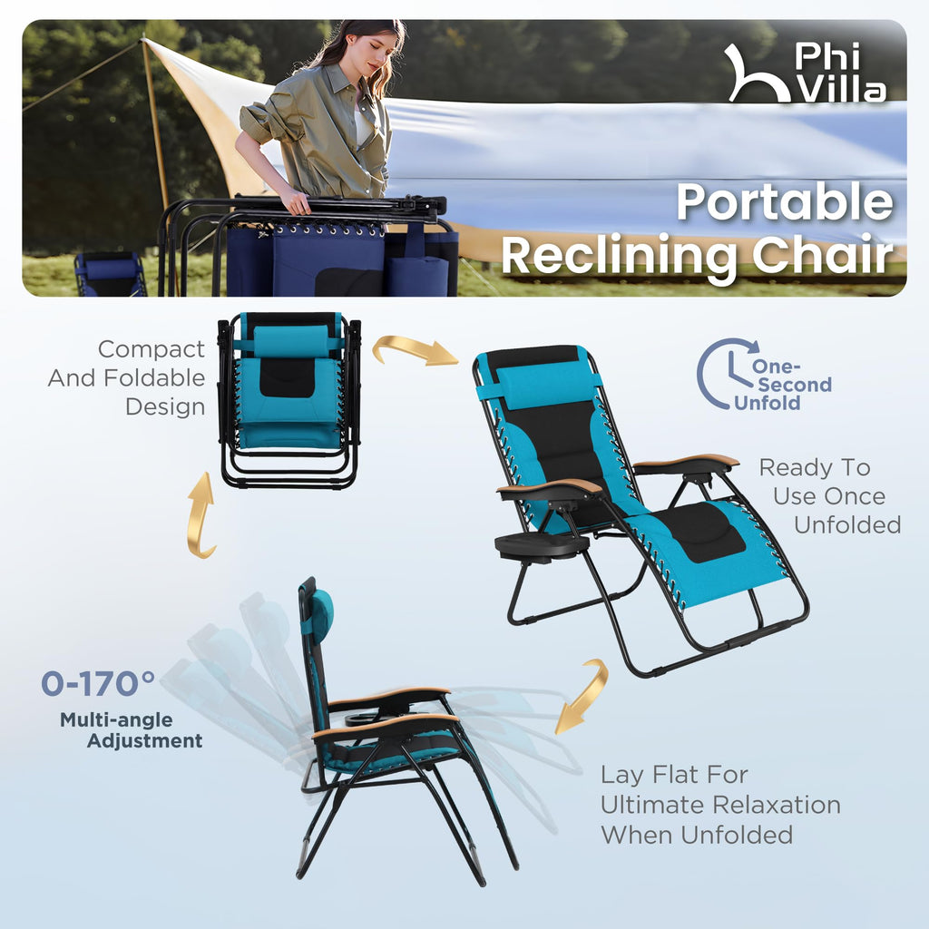 PHI VILLA XXL Oversized Padded Zero Gravity Chair Set of 2, Foldable Patio Recliner, 30" Wide Seat Anti Gravity Lounger with Armrest and Cup Holder, Support 400 LBS (Aqua Blue)