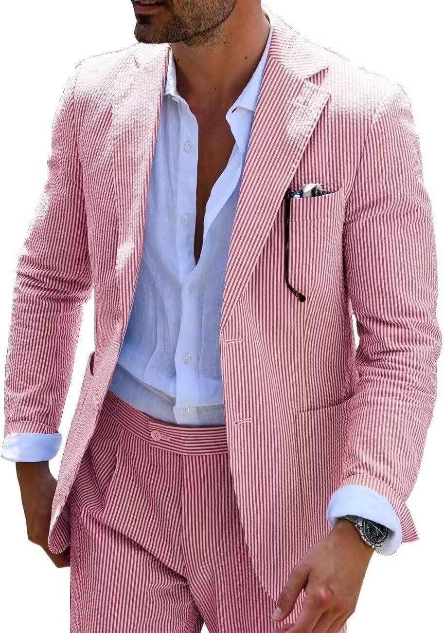 Wehilion Men's Seersucker Summer Suit Groom Wedding Seersucker Outfit Slim Fit Formal Suit Set for Men