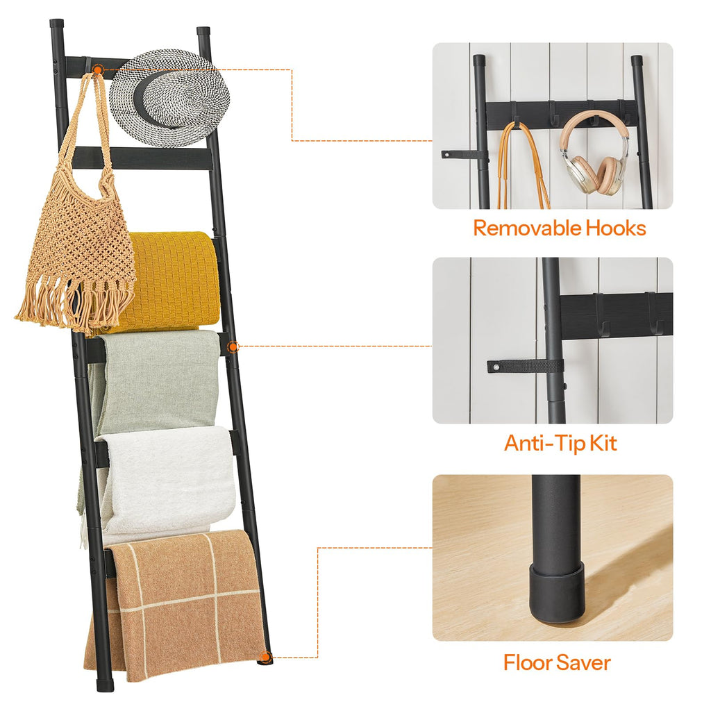 HOOBRO Blanket Ladder, 5-Tier Towel Rack with Hooks, Wall-Leaning Blanket Rack, Decorative Display Ladder Shelf, Scarves, Industrial, Living Room, Bedroom, Black BB52CJ01