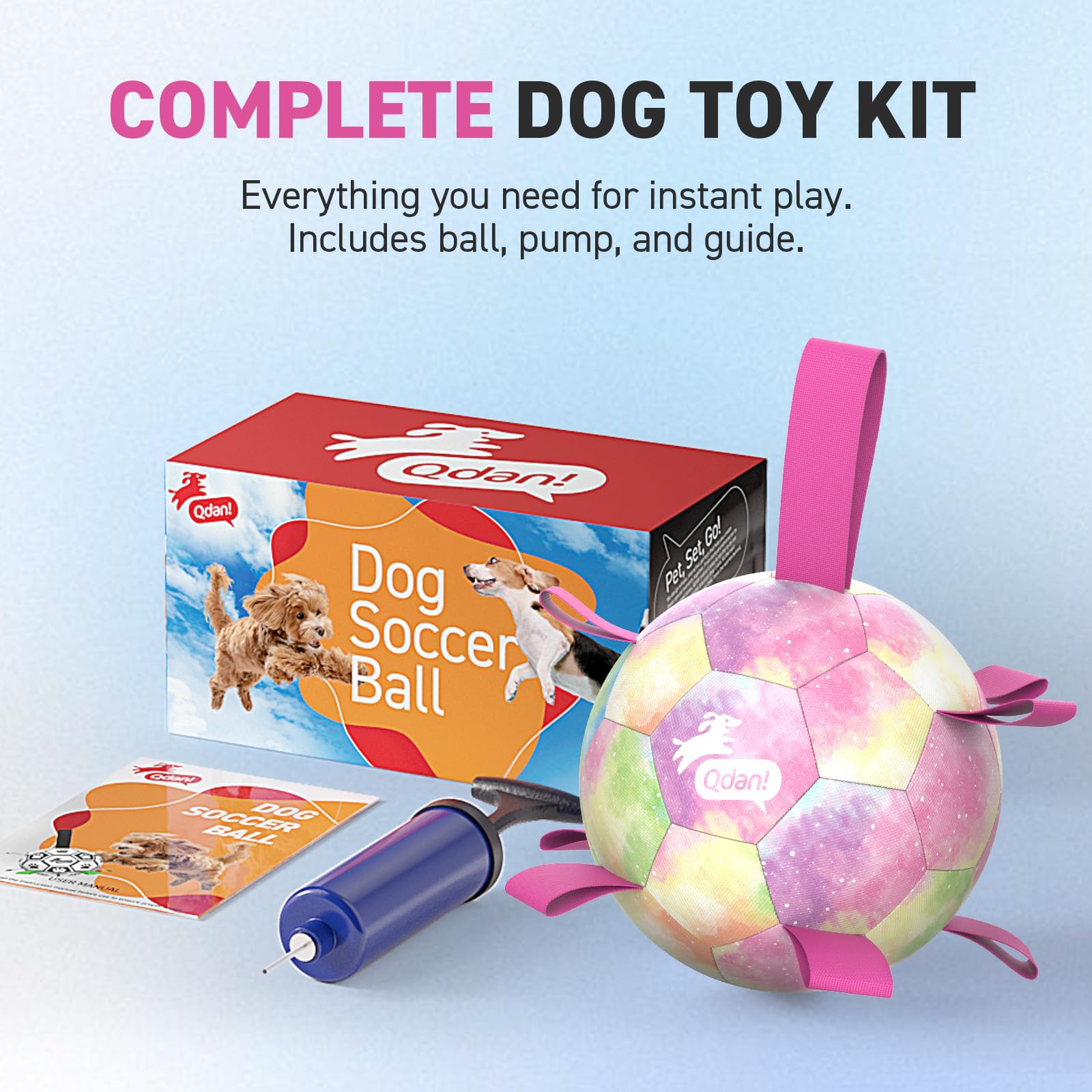 QDAN Dog Toys Soccer Ball with Straps, Durable Dog Balls for Tug of War, Puppy Birthday Gifts, Dogs Water Toy Small Dogs-Rainbow（5 Inch）