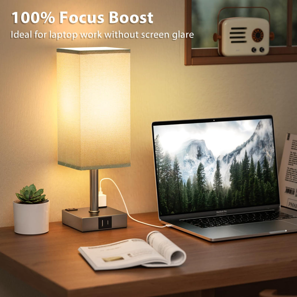aooshine Set of 2 Touch Nightstand Lamp with USB-C+A Charge Ports& AC Outlets, 3-Way Dimmable Bedside Lamp with White Fabric Shade,Small Table Lamp for Bedroom Guest Room(Bulb Included)