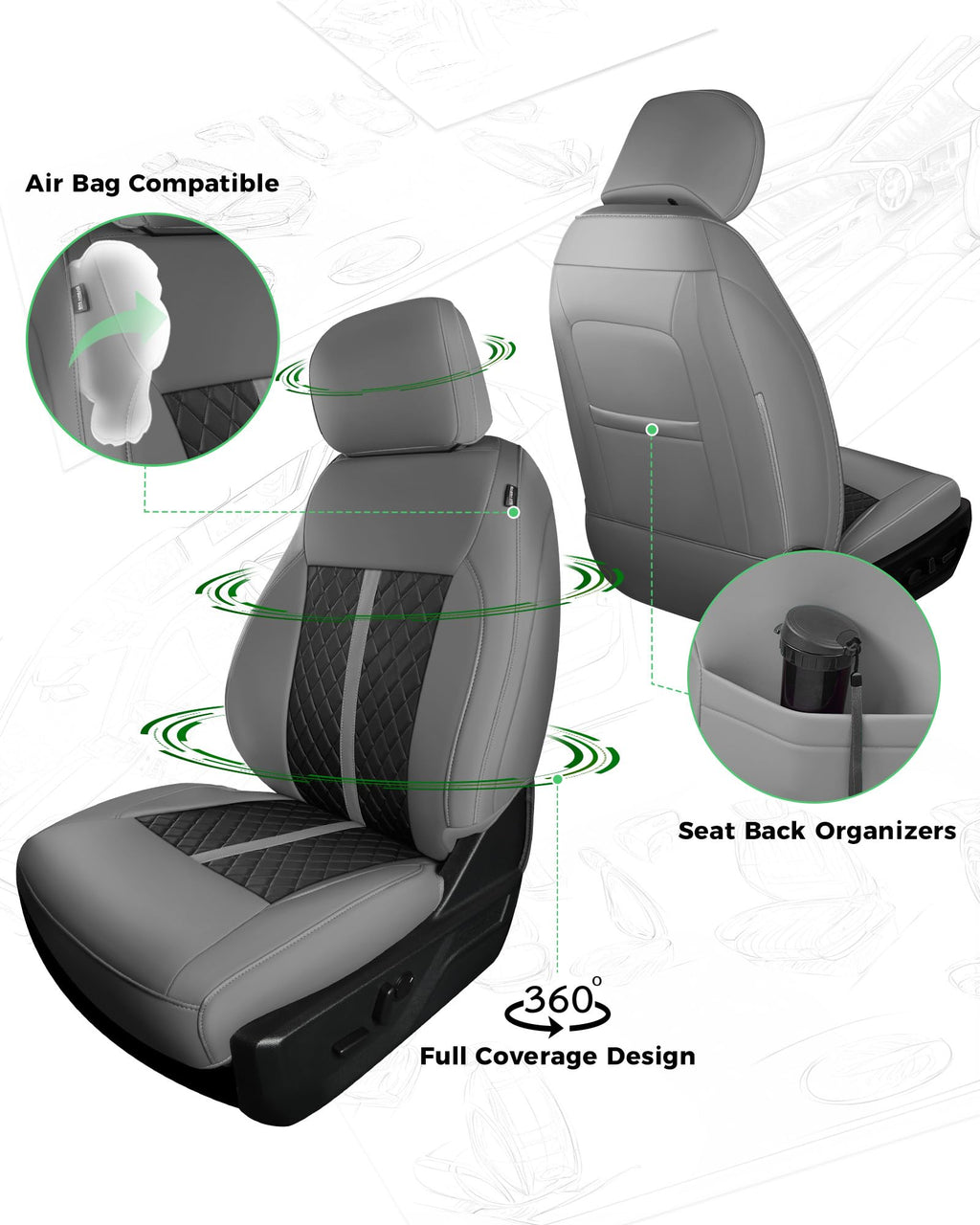 for Ford F150 Leather Seat Covers, Super Crew Cab XL XLT 2015-2020, F250 F350 F450 Super Duty Crew Cab 2017-2022,Custom Truck Seat Cover Full Set, Pickup Accessories, Black (Bucket Seat)