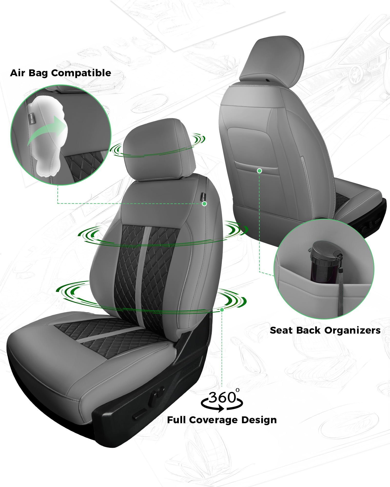 for Ford F150 Leather Seat Covers, Super Crew Cab XL XLT 2015-2020, F250 F350 F450 Super Duty Crew Cab 2017-2022,Custom Truck Seat Cover Full Set, Pickup Accessories, Black (Bucket Seat)