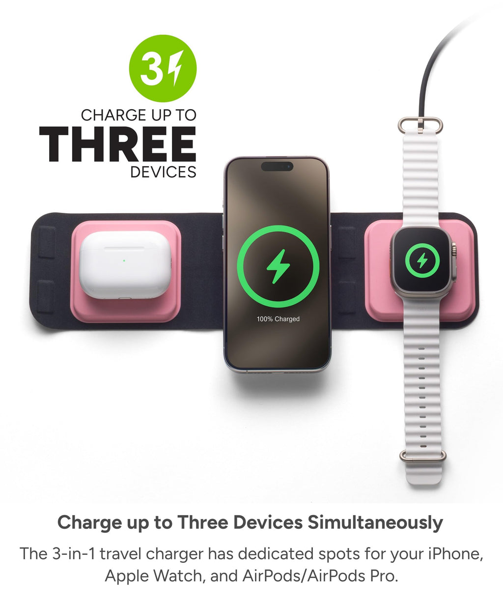 Mophie 3-in-1 Travel Charger with MagSafe - Portable Wireless Charging Hub, Compatible w/Apple Devices, iPhone 17/16/15/14/13/12 Series, Apple Watch Series 11 to 1 & Ultra, AirPods Pro/3rd Gen, Black